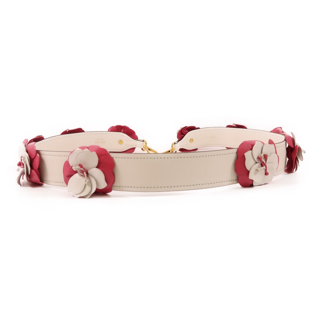 PRADA leather shoulder strap pink white gold tone hardware: PRADA leather shoulder strap pink white gold tone hardware A PRADA shoulder strap crafted from leather in pink and white. It is a women's regular-size accessory made in Italy and is offered in very go