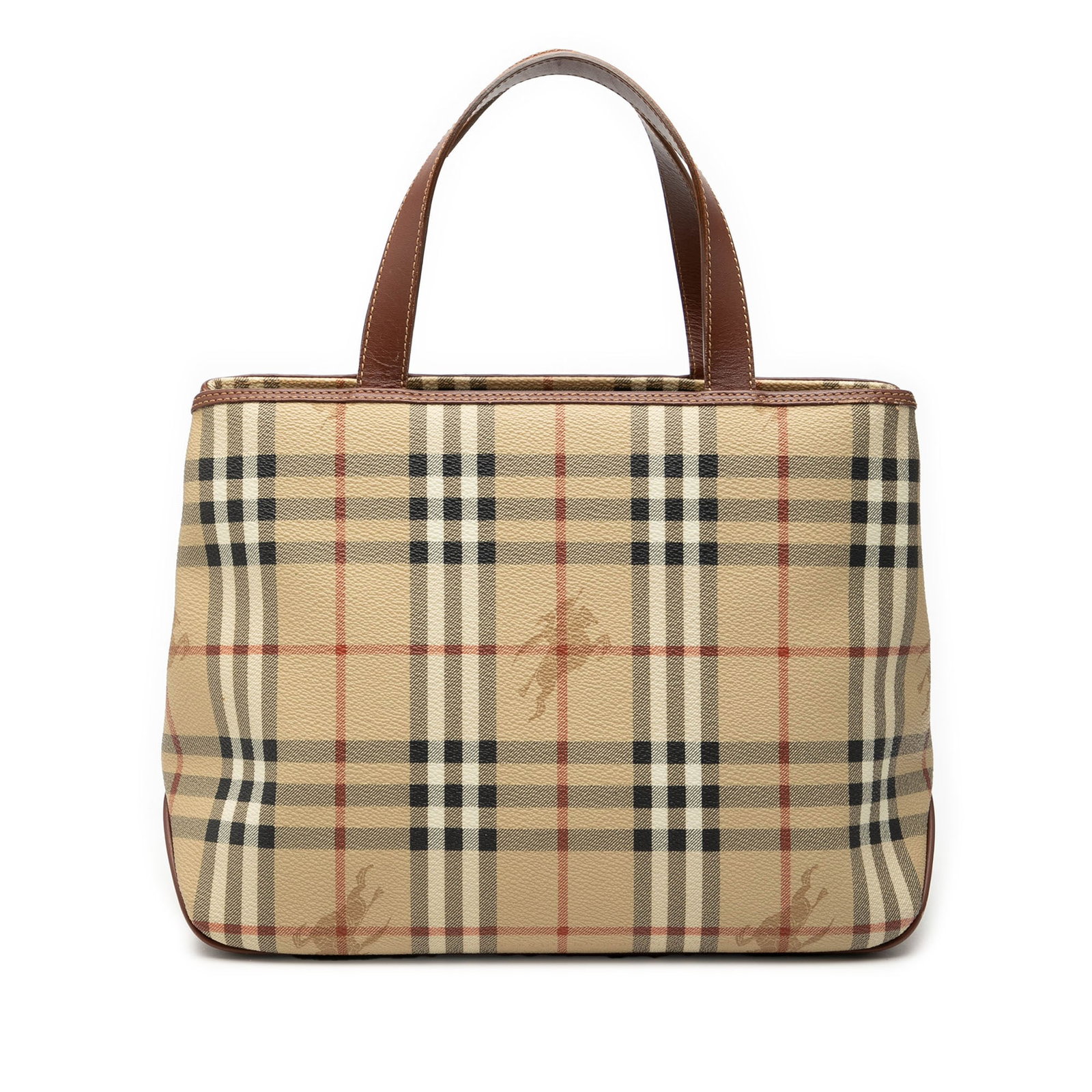 Burberry Tote Bag in Haymarket Check Coated Canvas with Leather Trim: Burberry Tote Bag in Haymarket Check Coated Canvas with Leather Trim This Burberry tote features the signature Haymarket check coated canvas with leather trim and flat leather handles. The bag offers 