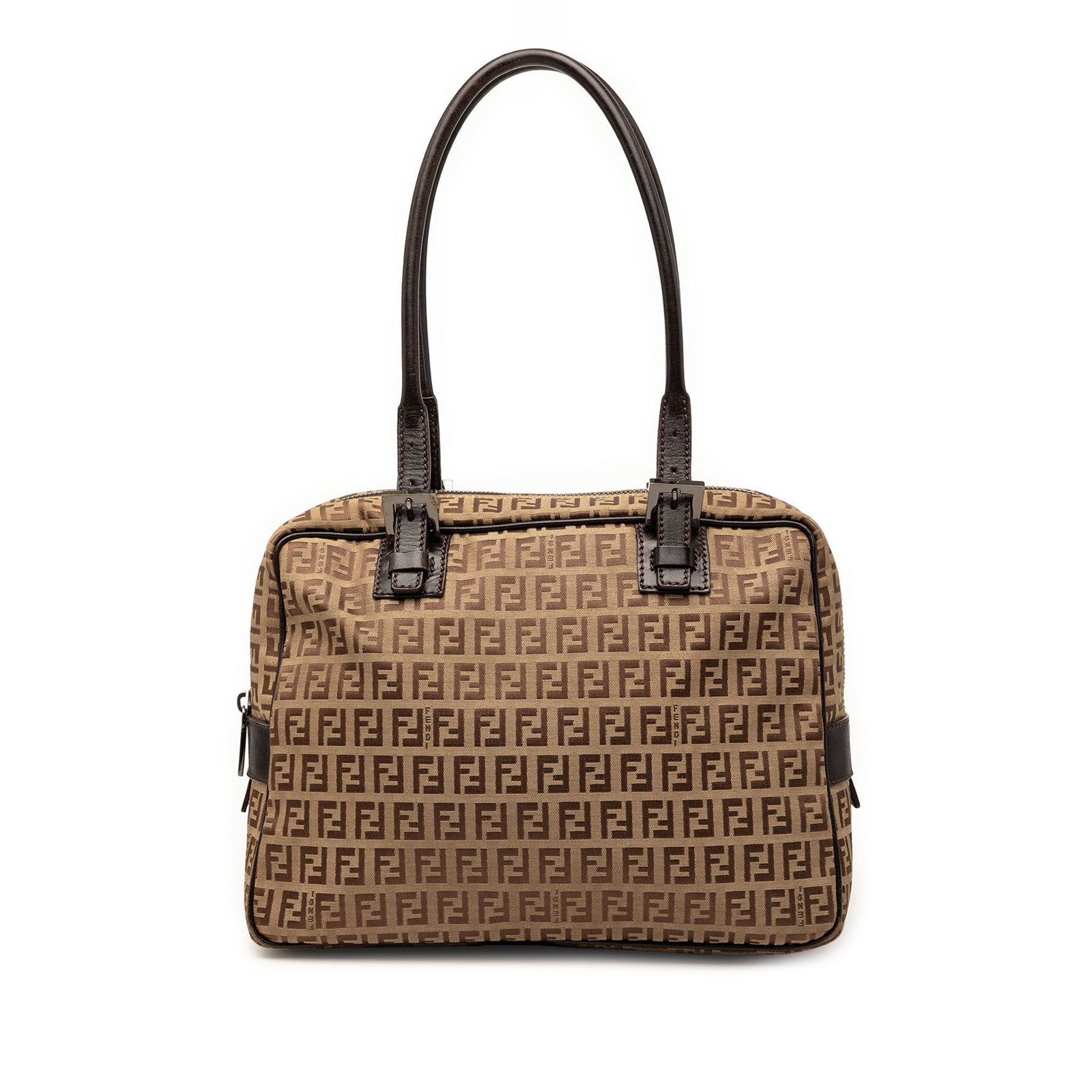 Fendi Zucchino Beige Canvas Shoulder Handbag with Leather Trim: Fendi Zucchino Beige Canvas Shoulder Handbag with Leather Trim Fendi Zucchino canvas shoulder bag with leather trim and rolled leather straps. The bag features a top zip closure, along with interior z