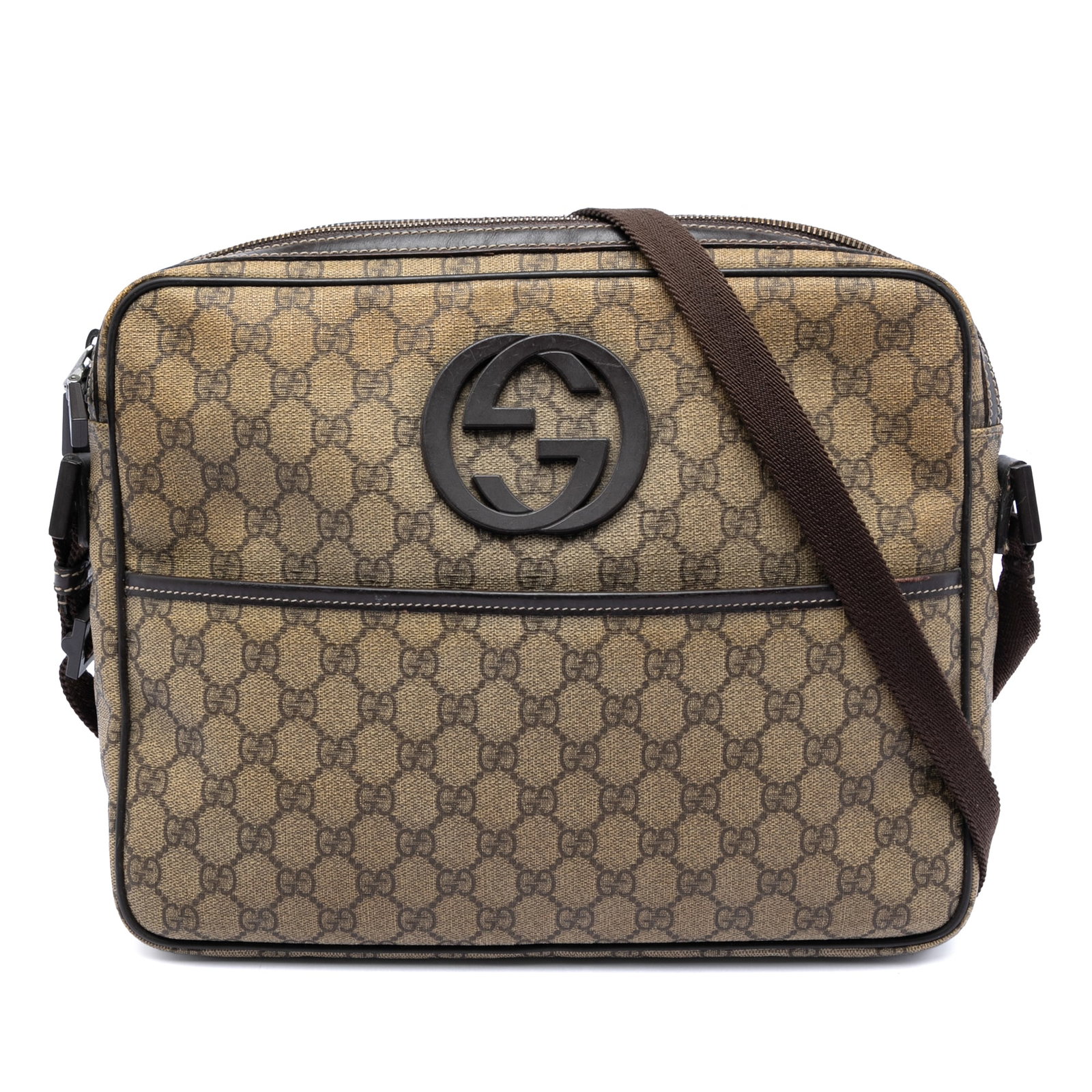 Gucci GG Supreme Beige Canvas Crossbody Bag with Leather Trim: Gucci GG Supreme Beige Canvas Crossbody Bag with Leather Trim This Gucci GG Supreme Interlocking G Crossbody bag features a coated canvas body with leather trim, an adjustable flat shoulder strap, a t