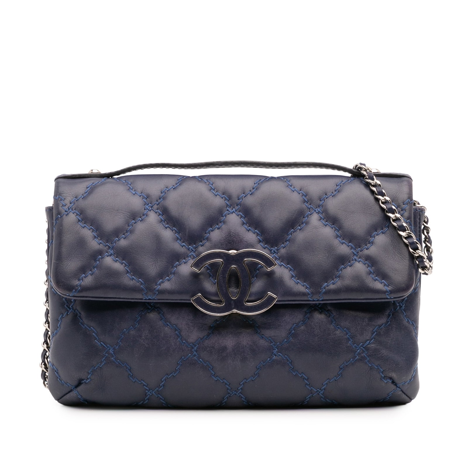 Chanel Mini Double Stitch Hamptons Flap Blue Quilted Leather Bag: Chanel Mini Double Stitch Hamptons Flap Blue Quilted Leather Bag The Chanel Mini Double Stitch Hamptons Flap is a stylish and compact bag crafted from quilted leather. It features a flat top handle an