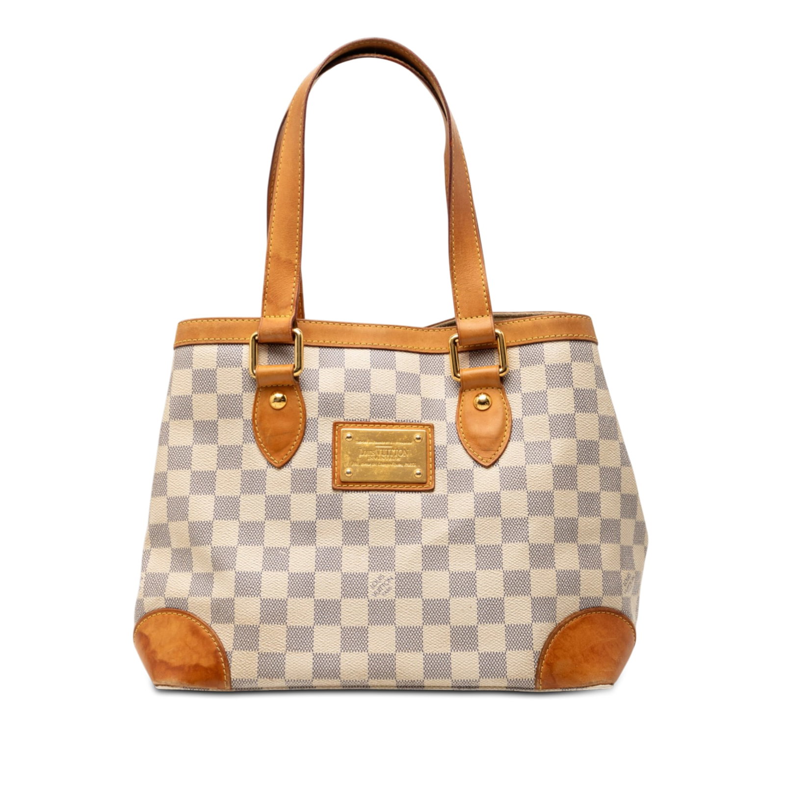 Louis Vuitton Hampstead PM Tote Damier Azur Canvas with Vachetta Trim: Louis Vuitton Hampstead PM Tote Damier Azur Canvas with Vachetta Trim The Louis Vuitton Damier Azur Hampstead PM features a Damier Azur canvas body with vachetta leather trim and flat vachetta straps.