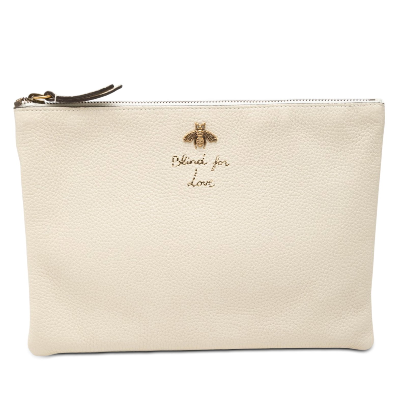 Gucci Blind For Love Calfskin Leather Zip Clutch: Gucci Blind For Love Calfskin Leather Zip Clutch Gucci Blind For Love clutch crafted in white calfskin leather with a top zip closure. Made in Italy, this compact clutch offers a clean silhouette and 