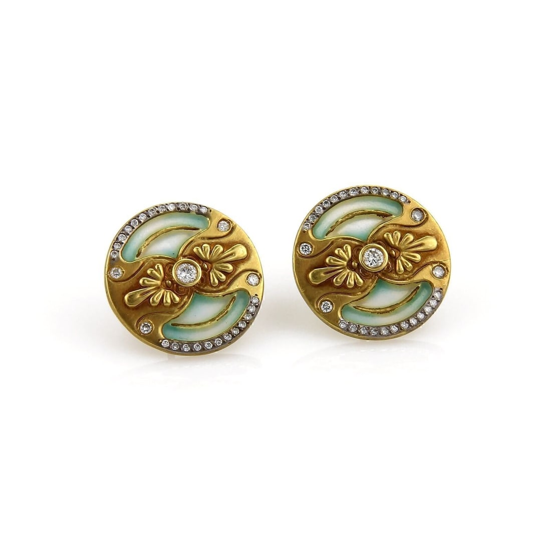 Vintage 18k Yellow Gold Floral Stud Earrings Plique a Jour Enamel Diamonds (1 of 5)