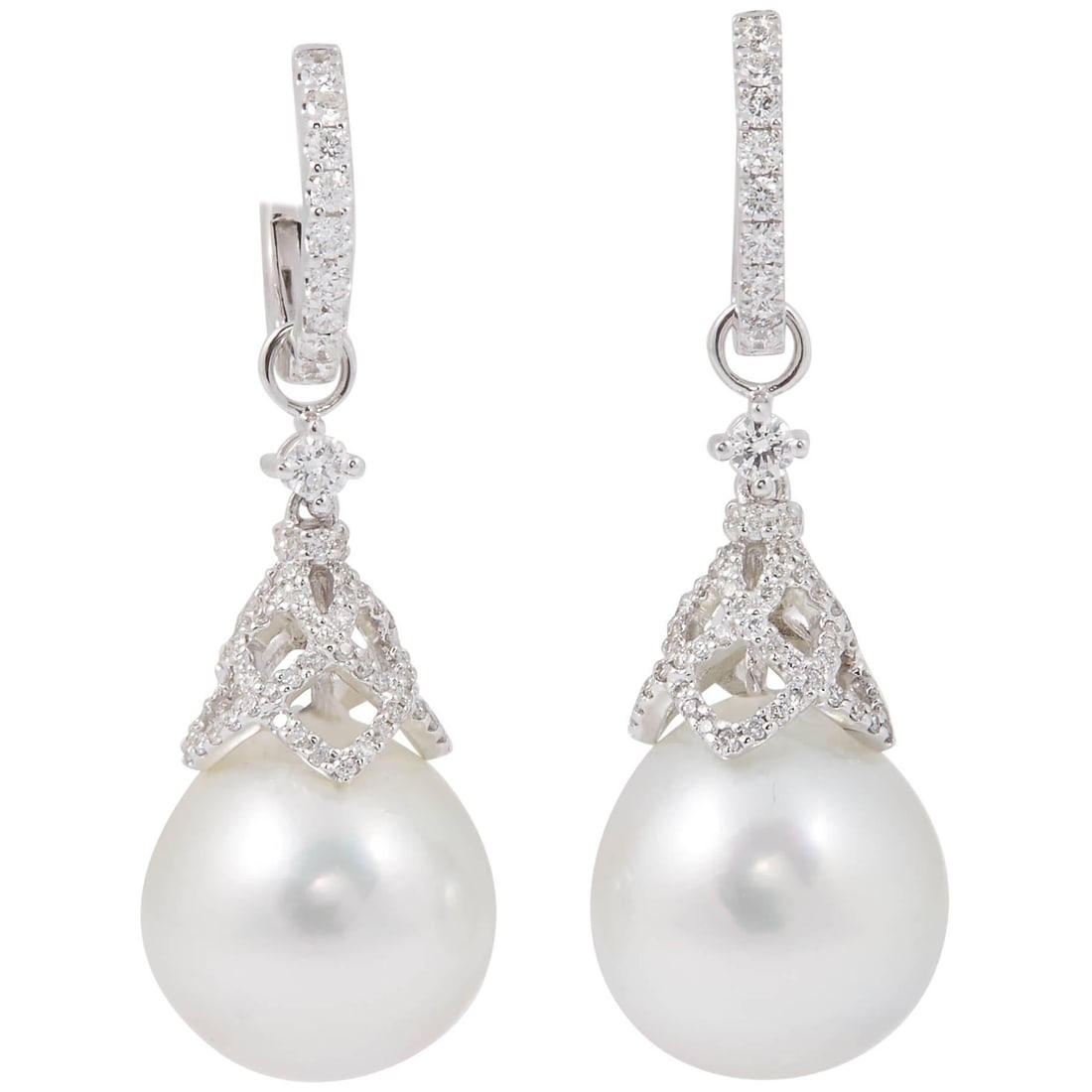 Harbor Diamonds Art Deco 18k White Gold Pearl Diamond Hoop Earrings: Harbor Diamonds Art Deco 18k White Gold Pearl Diamond Hoop Earrings Elevate your elegance with these stunning Art Deco-inspired hoop dangle earrings. Crafted from 18k white gold, these earrings featur