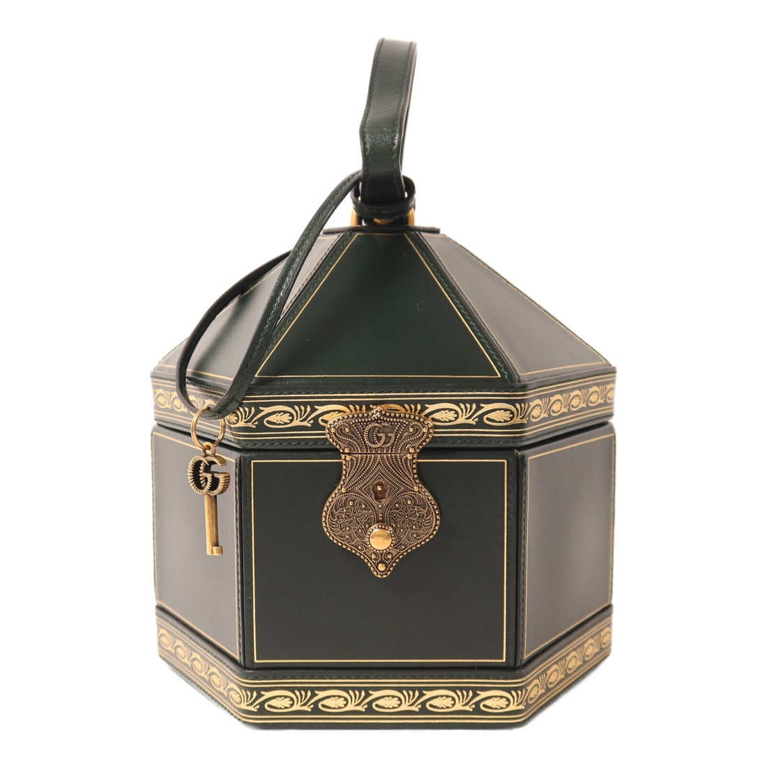 GUCCI 603648 GG Mini Geometric Accessory Pouch Green Calfskin: GUCCI 603648 GG Mini Geometric Accessory Pouch Green Calfskin A Gucci mini geometric clutch bag in green calfskin leather, designed as an accessory pouch with handle. It features gold-tone hardware, i