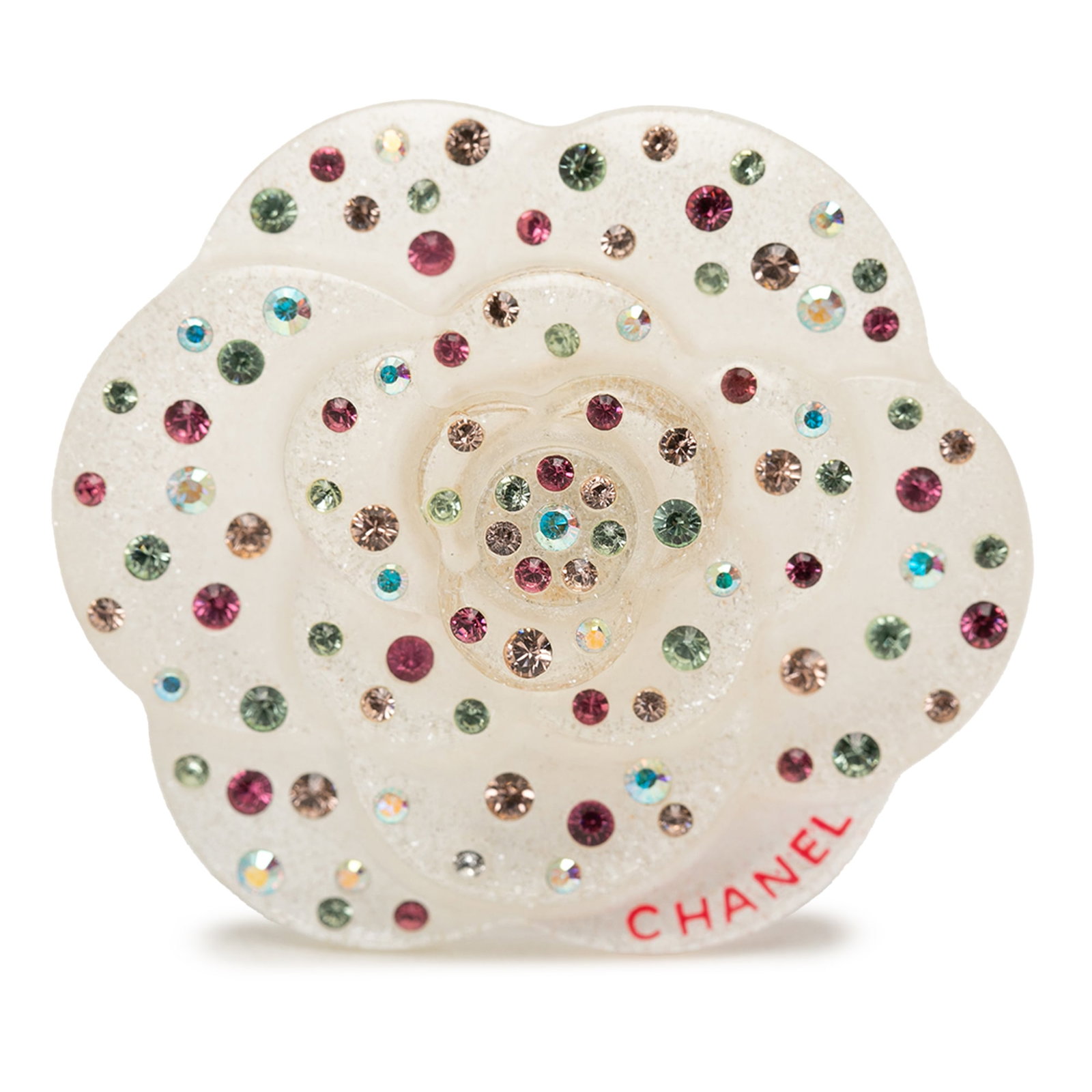 Chanel Camellia Brooch Crystal Resin White: Chanel Camellia Brooch Crystal Resin White This Chanel brooch showcases a resin camellia design adorned with sparkling crystal embellishments. It features a push back closure and is crafted in Italy. 