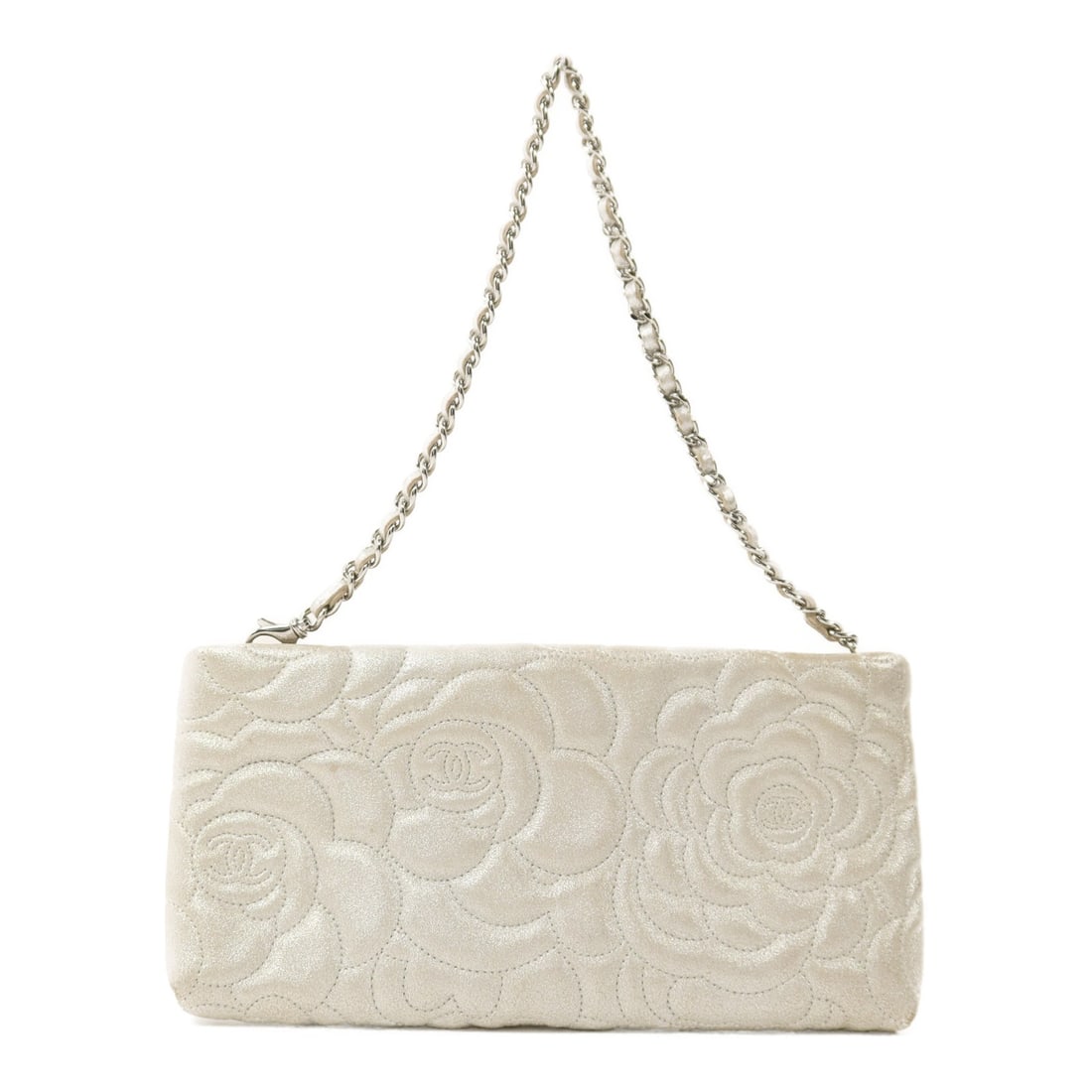CHANEL Camellia Flower Chain Shoulder Pouch Silver Lambskin CC: CHANEL Camellia Flower Chain Shoulder Pouch Silver Lambskin CC CHANEL CC SHW Cameolla Flower Pouch Chain Shoulder Bag in silver lambskin leather. This women's regular-size shoulder bag features a silv