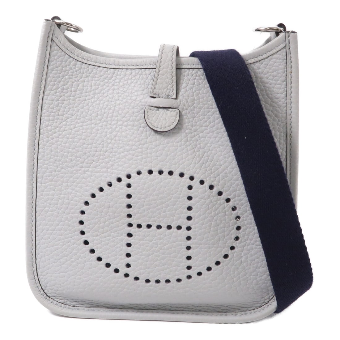 Hermes Evelyne PM Taurillon Clemence Shoulder Bag Bleu Pale PHW: Hermes Evelyne PM Taurillon Clemence Shoulder Bag Bleu Pale PHW Hermes Evelyne PM shoulder bag in Taurillon Clemence leather and calfskin (cowhide) in Bleu Pale / blue pale. It features a hook button 