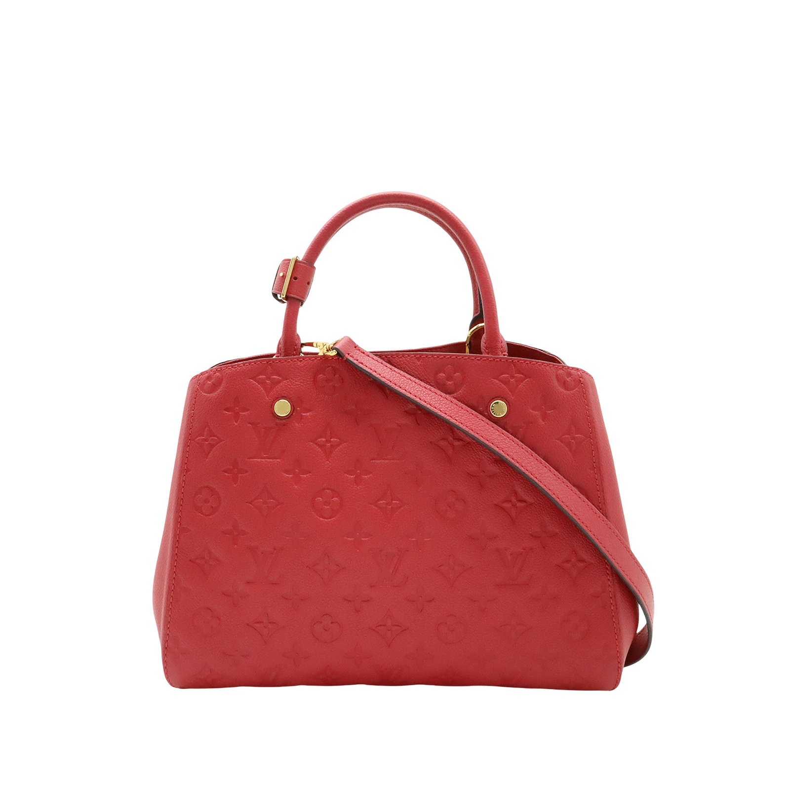 Louis Vuitton Montaigne MM Monogram Empreinte Leather Bag Red: Louis Vuitton Montaigne MM Monogram Empreinte Leather Bag Red Louis Vuitton Monogram Empreinte Montaigne MM bag in red leather, made in France. It features an empreinte leather body, rolled leather ha