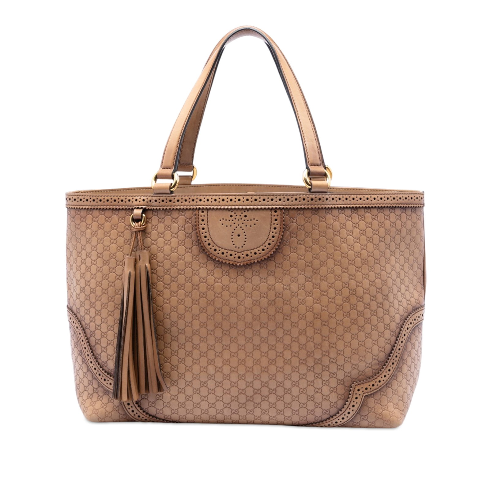 Gucci Duilio Microguccissima Large Leather Tote Bag Brown: Gucci Duilio Microguccissima Large Leather Tote Bag Brown Large Gucci Microguccissima Brogue Duilio tote in brown leather with tassel detail. This open-top tote features flat leather handles, a metal 