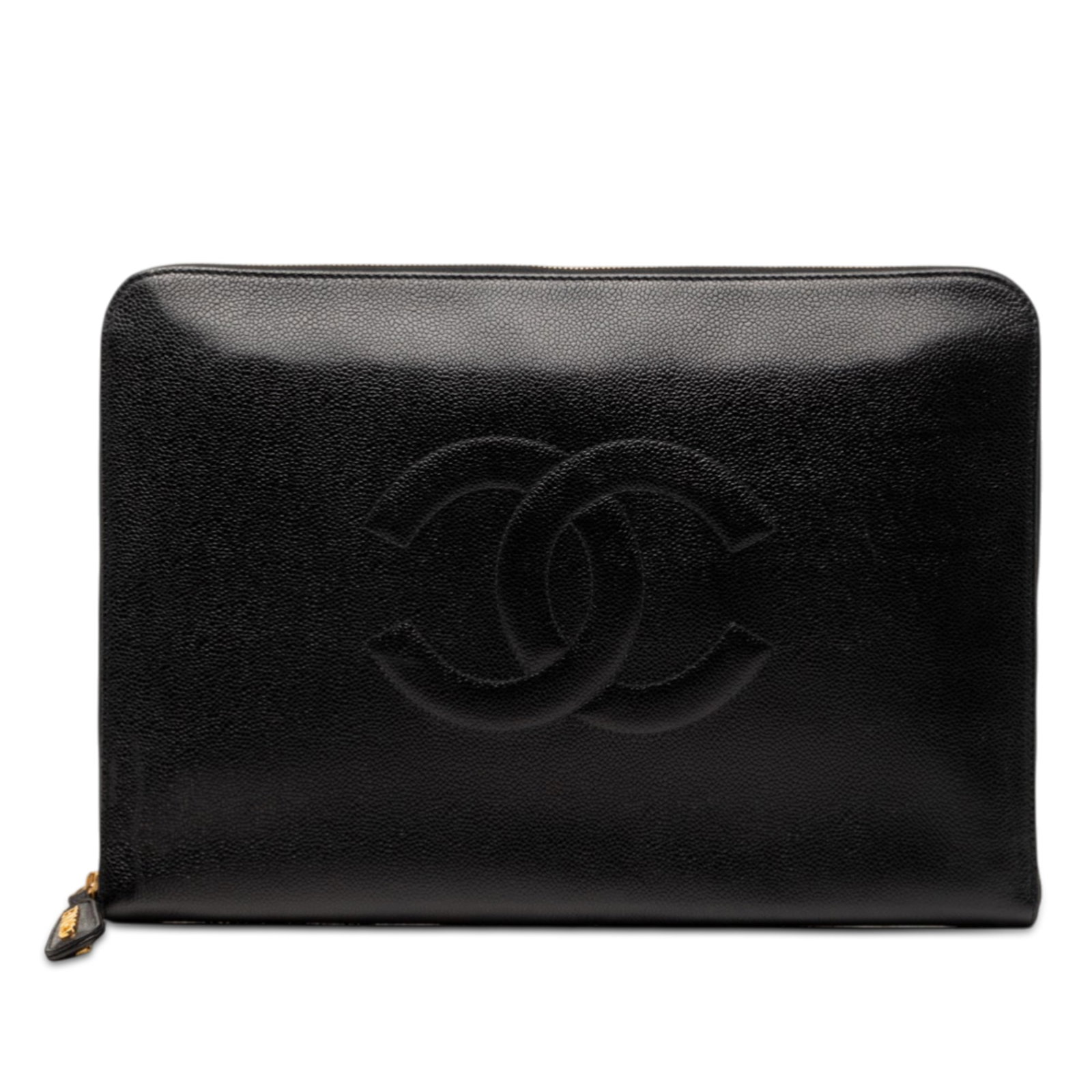 Black Caviar Leather Chanel CC Portfolio Clutch with Zip Closure: Black Caviar Leather Chanel CC Portfolio Clutch with Zip Closure This Chanel CC Caviar Documents Portfolio Clutch is crafted from black caviar leather and features a zip-around closure with interior z