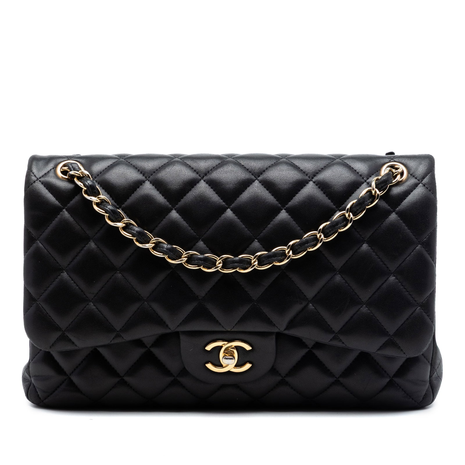 Chanel Jumbo Classic Double Flap Shoulder Bag in Black Lambskin: Chanel Jumbo Classic Double Flap Shoulder Bag in Black Lambskin Chanel Jumbo Classic Lambskin Double Flap shoulder bag in black quilted lambskin leather. This bag features leather-woven chain straps, 