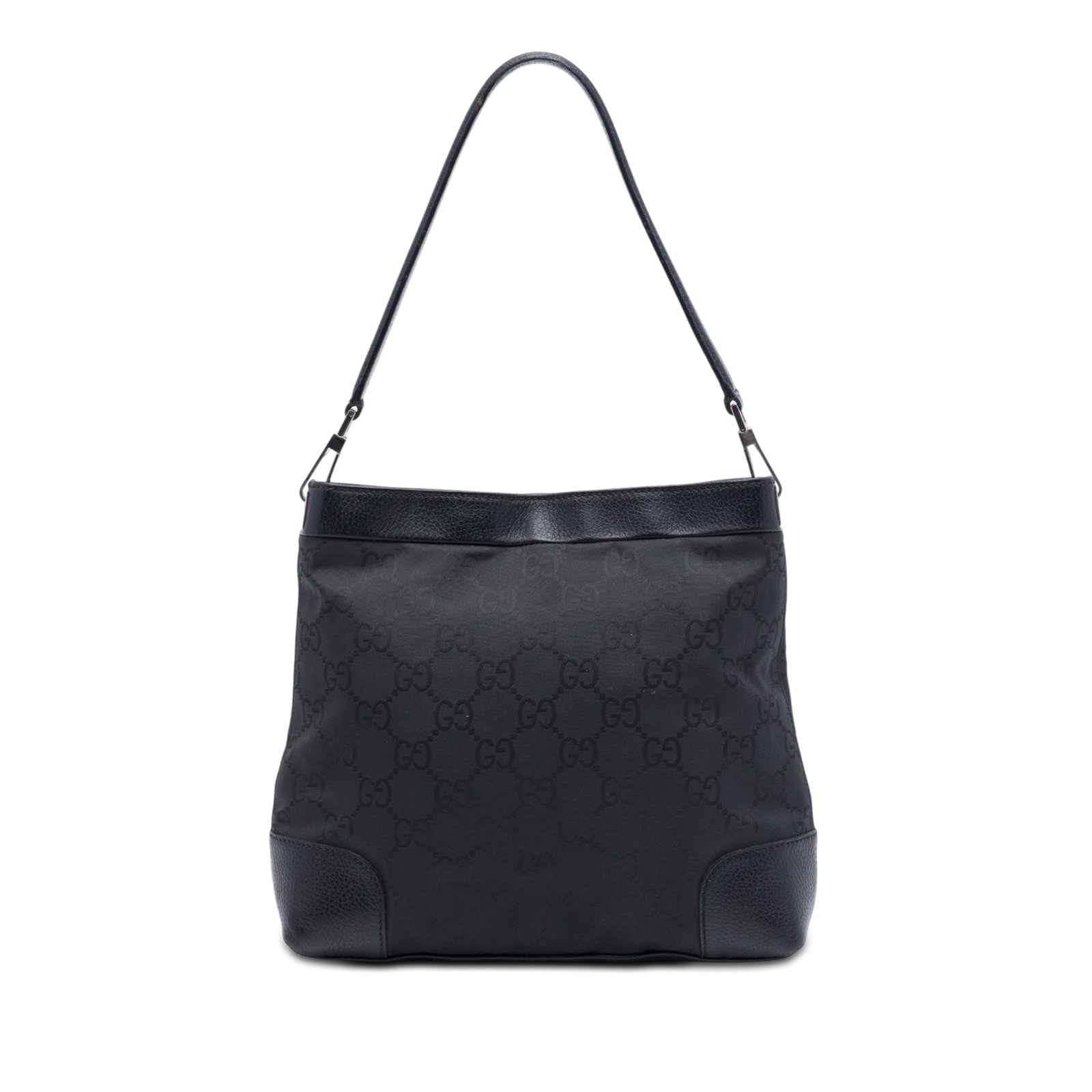 Gucci GG Nylon Black Shoulder Bag with Leather Trim: Gucci GG Nylon Black Shoulder Bag with Leather Trim This Gucci GG Nylon Shoulder Bag is crafted with a nylon body and leather trim, featuring a flat leather strap, an open top with magnetic snap closu