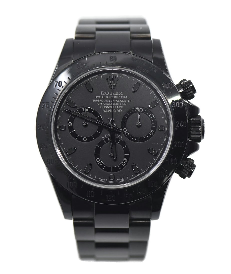 Rolex 116520 Daytona Bamford ADLC mens automatic wristwatch: Rolex 116520 Daytona Bamford ADLC mens automatic wristwatch Pre-owned Rolex Daytona Bamford ADLC wristwatch in stainless steel with a black bezel, black case, black dial, and black band. It features a
