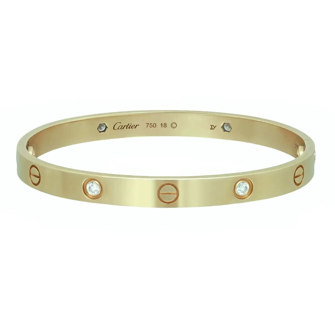 Cartier Love 18K Yellow Gold Diamond Bangle Size 18: Cartier Love 18K Yellow Gold Diamond Bangle Size 18 This Cartier Love bracelet is crafted from 18K yellow gold and features four round brilliant cut natural diamonds with a total carat weight of 0.42.