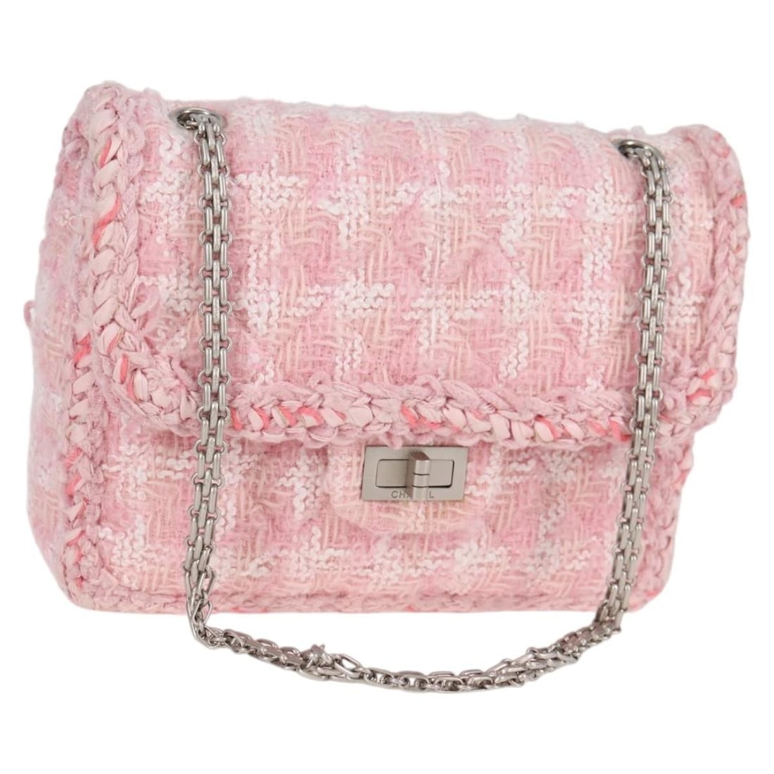 Chanel 2.55 Matelasse 23 Pink Lambskin Shoulder Bag with Dust Bag Card: Chanel 2.55 Matelasse 23 Pink Lambskin Shoulder Bag with Dust Bag Card This CHANEL Chain Matelasse 23 2.55 shoulder bag is presented in pink leather/lamb skin with a tweed-style appearance noted in th