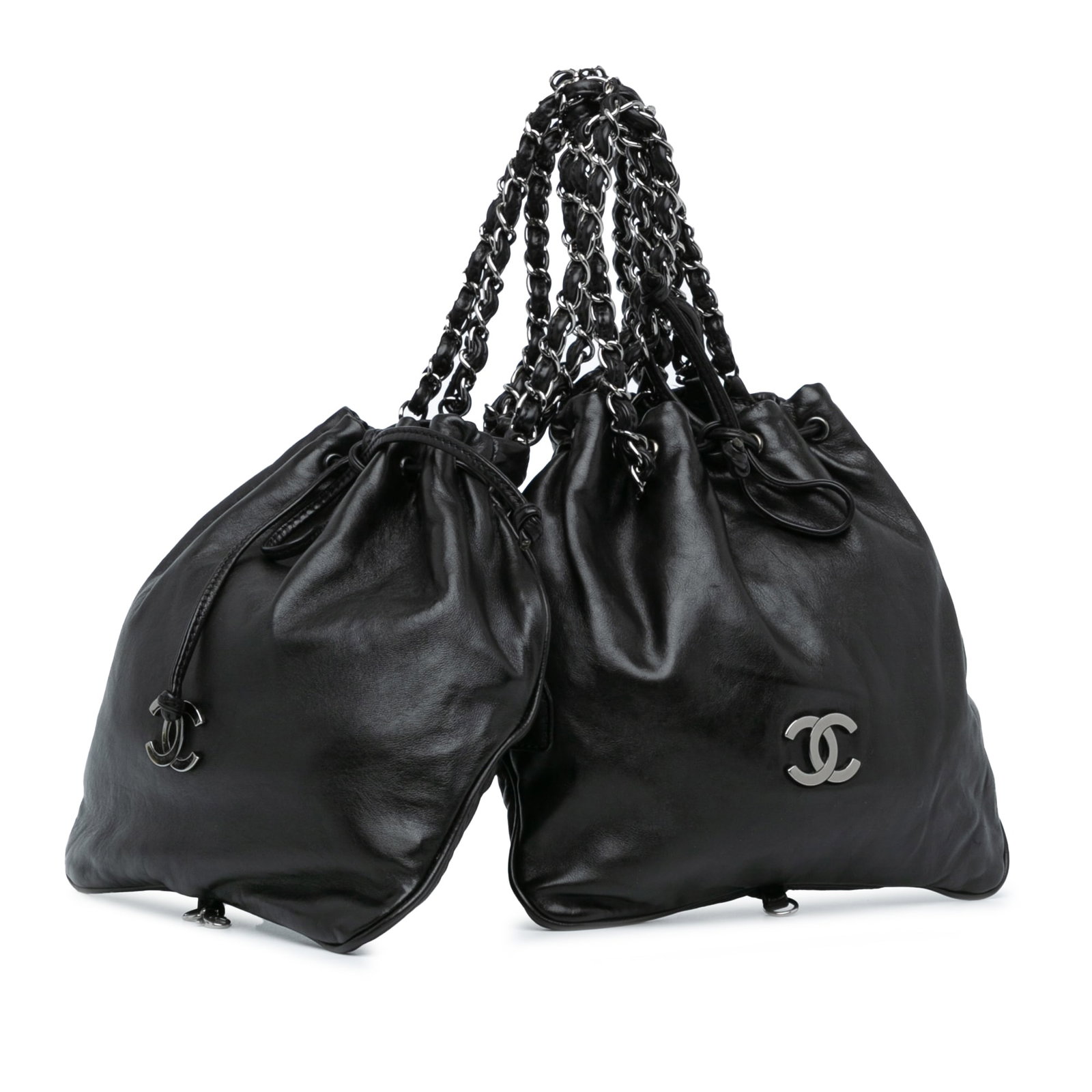 Chanel CC Calfskin Twin Chain Handbag Black Leather Italy: Chanel CC Calfskin Twin Chain Handbag Black Leather Italy This elegant Chanel CC Calfskin Dual Twin Chain Handbag showcases a luxurious black leather body complemented by leather-woven chain straps. I