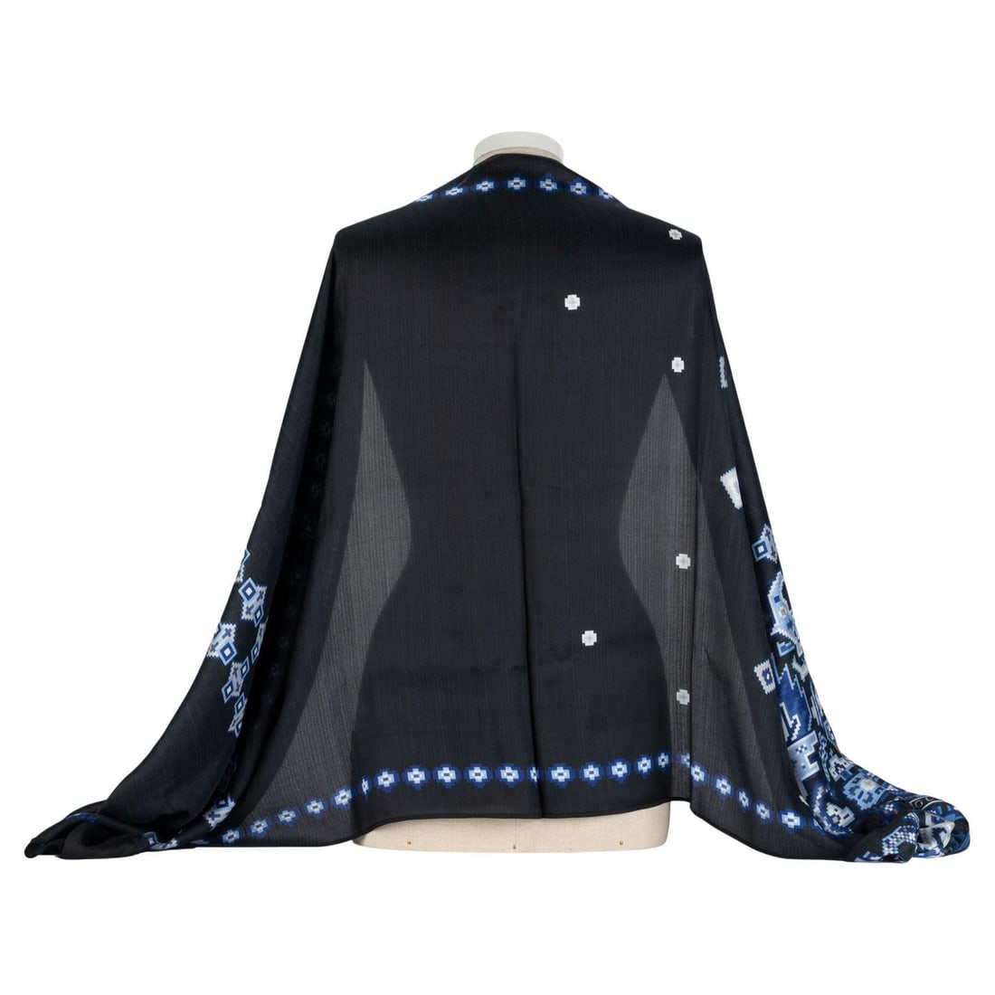 Gucci Blue Black White Silk Shawl with Box and Tag: Gucci Blue Black White Silk Shawl with Box and Tag This Gucci black silk shawl showcases a striking blue, black, and white design. Crafted in Italy from 100% silk, the shawl comes with its original ta