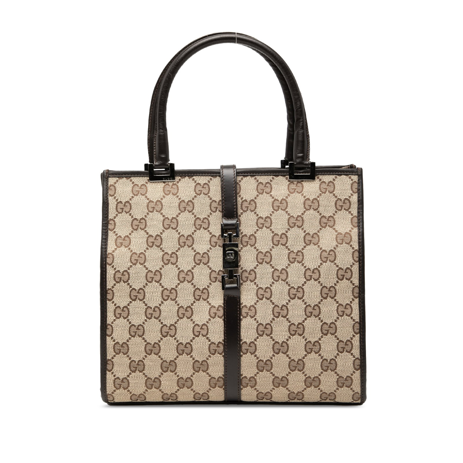 GG Canvas Jackie Beige Shoulder Bag with Leather Trim by Gucci: GG Canvas Jackie Beige Shoulder Bag with Leather Trim by Gucci The Gucci GG Canvas Jackie Handbag features a canvas body with leather trim, rolled leather handles, a top strap with a metal push lock c