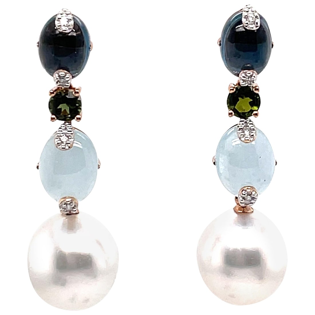 Harbor Diamonds 18K Rose Gold Semi-Precious Earrings with South Sea Pearls: Harbor Diamonds 18K Rose Gold Semi-Precious Earrings with South Sea Pearls Elevate your elegance with these stunning Semi-Precious and South Sea Earrings crafted in luxurious 18K Rose Gold. Featuring 
