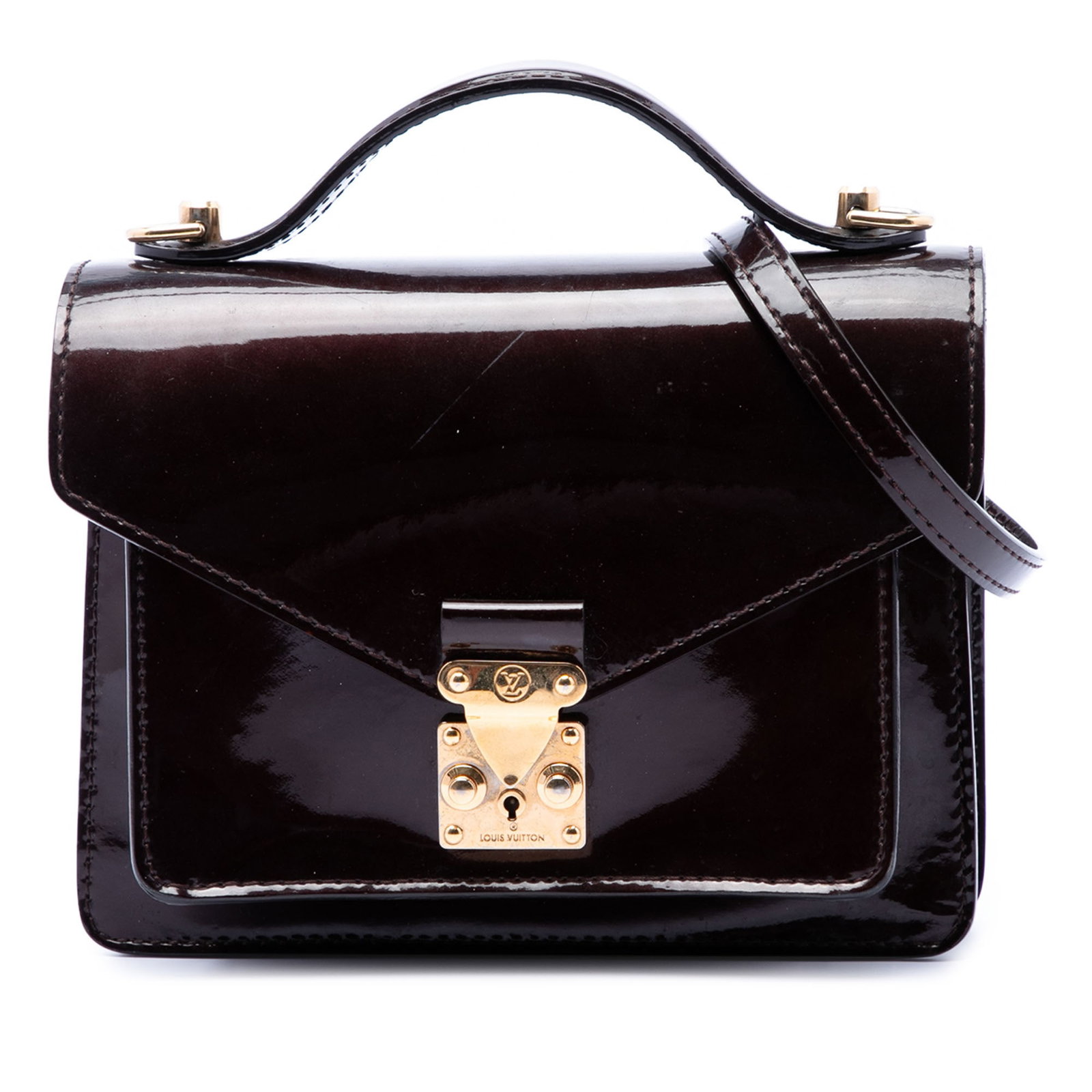 Louis Vuitton Monceau BB Vernis Purple Leather Bag: Louis Vuitton Monceau BB Vernis Purple Leather Bag This Louis Vuitton Vernis Monceau BB bag features a glossy vernis leather body in a rich purple hue, complemented by a flat leather top handle and a 