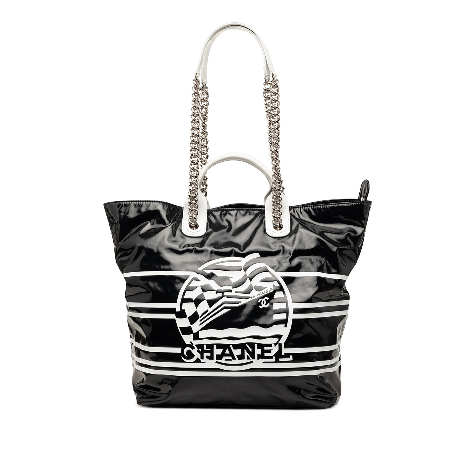 Chanel La Pausa Bay black coated canvas shopping satchel: Chanel La Pausa Bay black coated canvas shopping satchel This Chanel La Pausa Bay Shopping satchel is crafted from printed coated canvas with rolled leather handles and chain-link shoulder straps feat