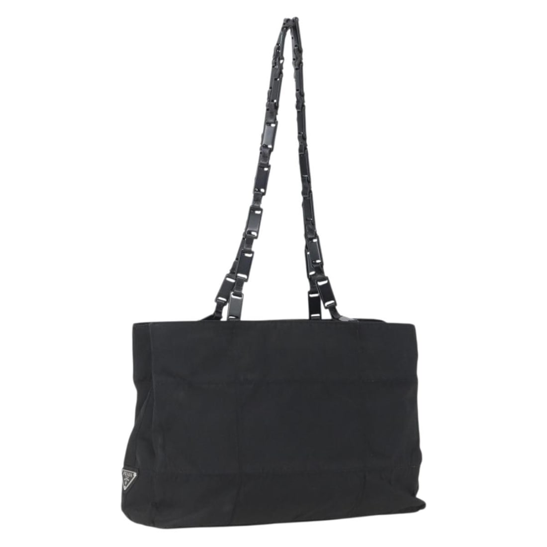 PRADA Nylon Shoulder Bag in Black with Silver Hardware: PRADA Nylon Shoulder Bag in Black with Silver Hardware Prada shoulder bag in black nylon with silver-tone exterior details. Made in Italy, this women's bag measures approximately 31 cm wide, 22 cm hig