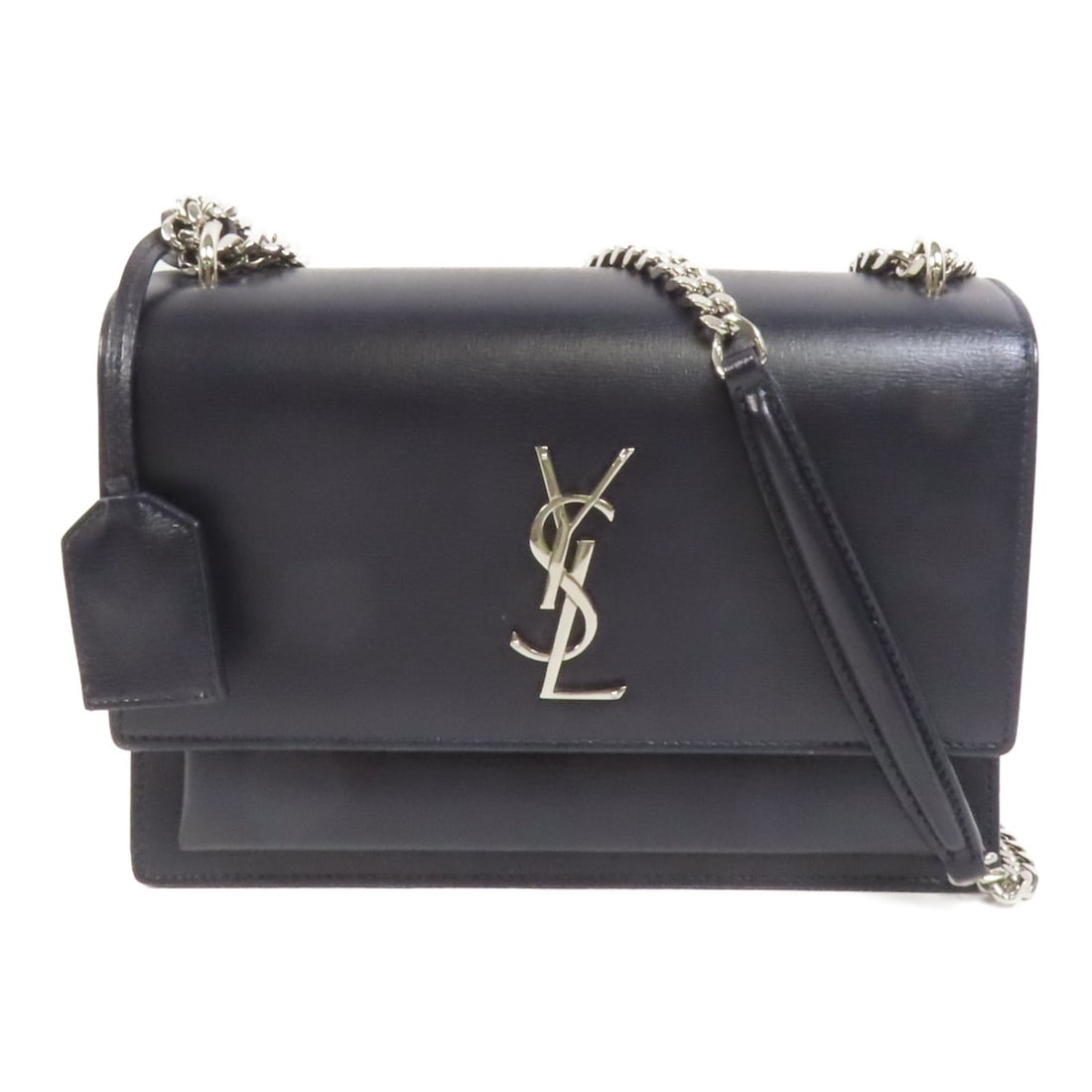 Saint Laurent Sunset Medium Navy Calfskin Shoulder Bag Model 442906: Saint Laurent Sunset Medium Navy Calfskin Shoulder Bag Model 442906 A Saint Laurent Sunset Medium shoulder bag in navy calfskin leather with gold-tone hardware. It features a magnetic pocket, one open