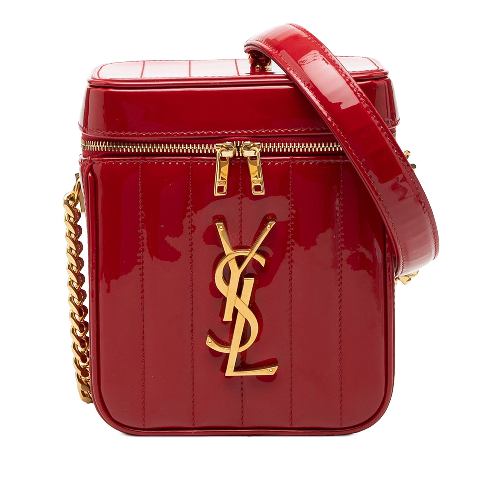 Saint Laurent Vicky Vanity Quilted Patent Leather Red Bag with Chain Strap: Saint Laurent Vicky Vanity Quilted Patent Leather Red Bag with Chain Strap This Saint Laurent Matelasse Patent Monogram Vicky Vanity Bag features a quilted patent leather exterior in red, accented by 