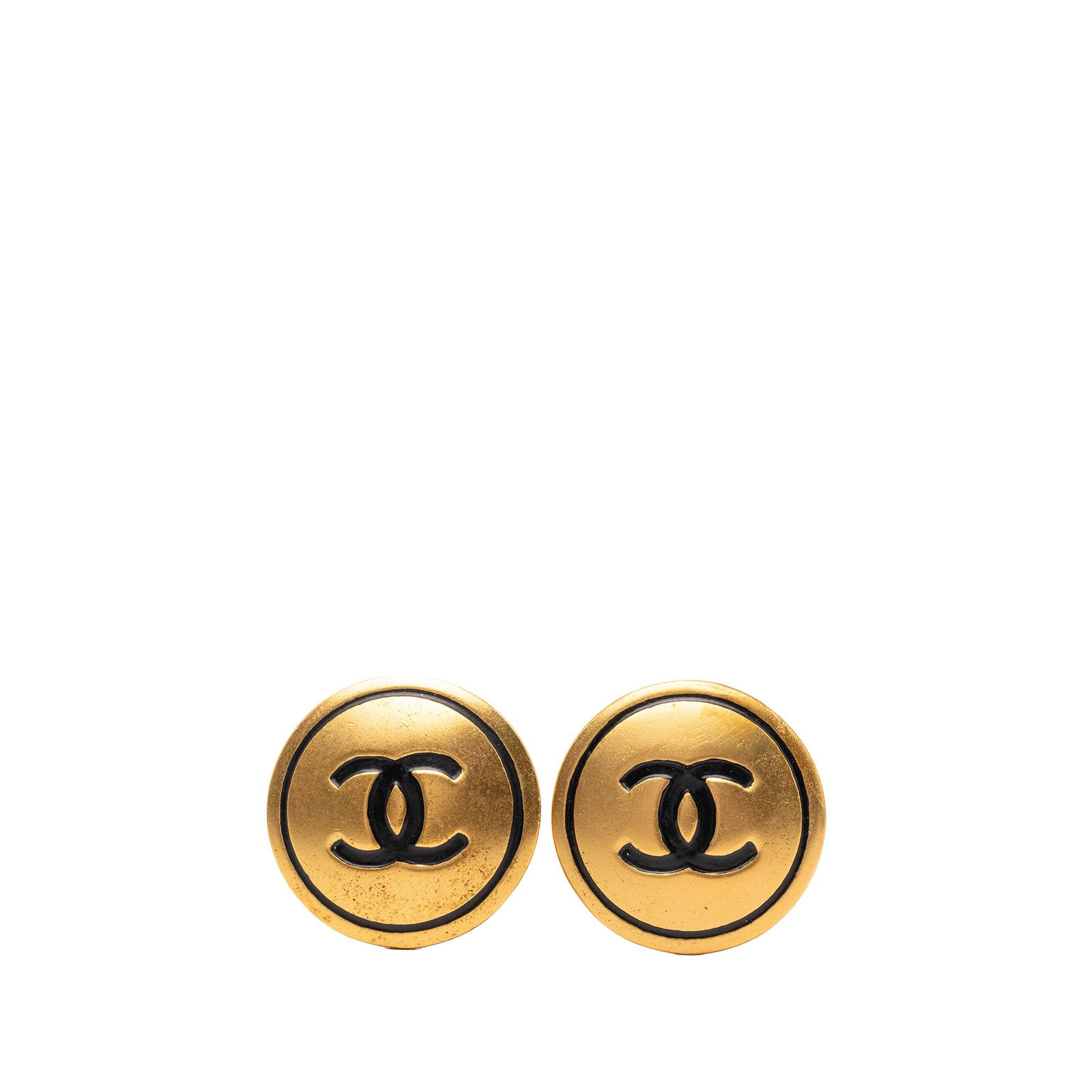 Chanel CC Round Clip Earrings Gold Plated Costume Jewelry: Chanel CC Round Clip Earrings Gold Plated Costume Jewelry Round Chanel clip-on earrings with a gold plated finish and signature CC design. This costume jewelry pair is made in France and shows visible