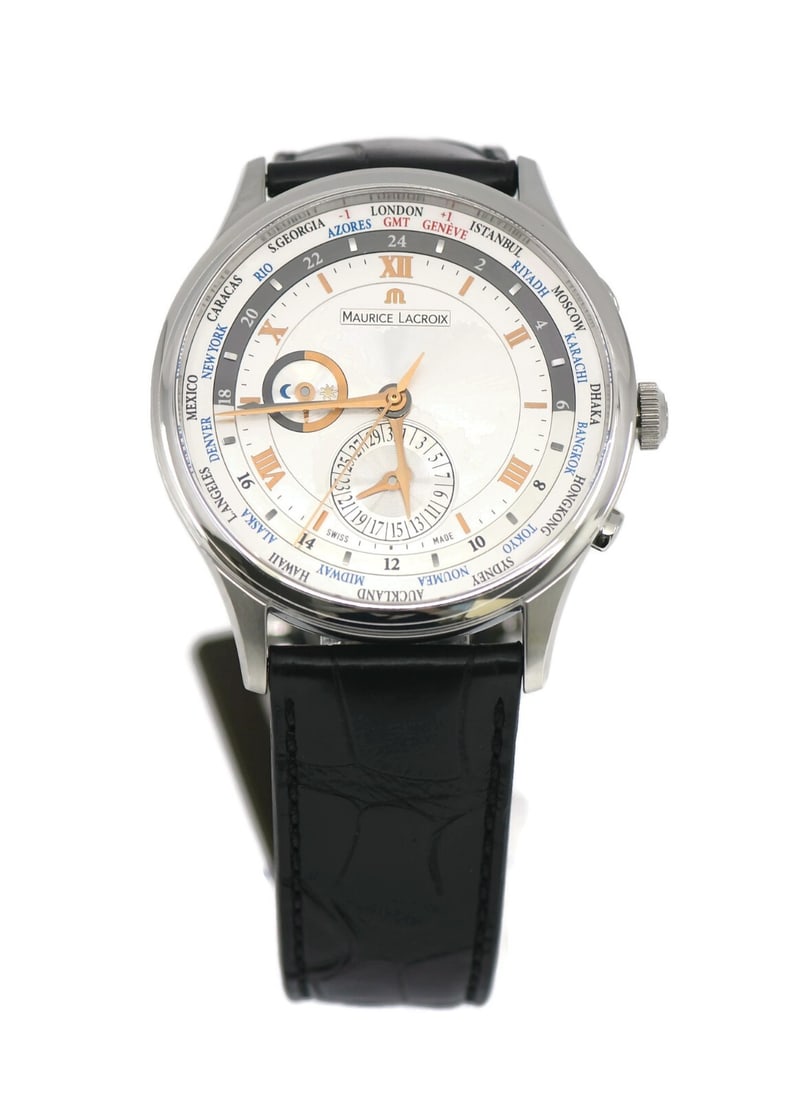 Maurice Lacroix Masterpiece Worldtimer Stainless Steel Watch MP6008 Authentic Box Papers: Maurice Lacroix Masterpiece Worldtimer Stainless Steel Watch MP6008 Authentic Box Papers Experience global elegance with the Maurice Lacroix Masterpiece Worldtimer wristwatch. This sophisticated timep