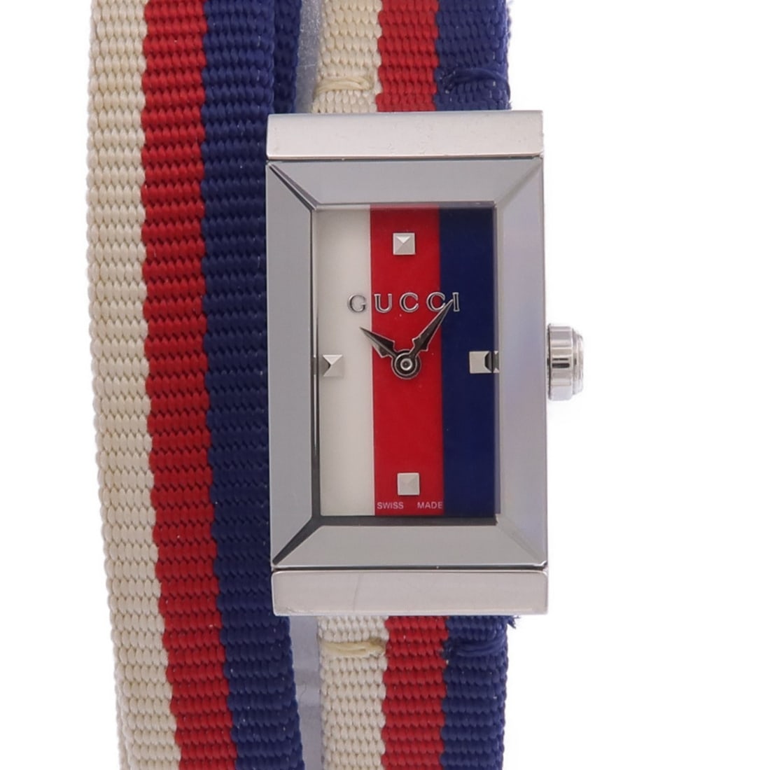 GUCCI 147.5 G Frame Tricolore womens quartz wristwatch stainless steel: GUCCI 147.5 G Frame Tricolore womens quartz wristwatch stainless steel GUCCI G Frame Tricolore 147.5 quartz wristwatch for ladies, featuring a stainless steel case and band. It has a white frame color