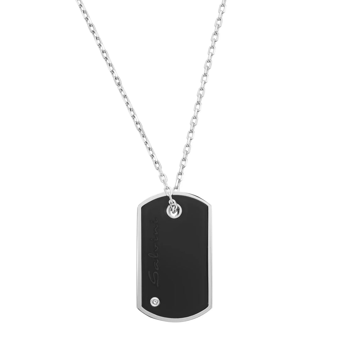 Salvini 18K White Gold Diamond Onyx Bar Pendant Necklace 0.10ctw: Salvini 18K White Gold Diamond Onyx Bar Pendant Necklace 0.10ctw This stunning Salvini Diamond and Onyx Bar Pendant Necklace is beautifully crafted from highly polished 18K white gold. The pendant fea