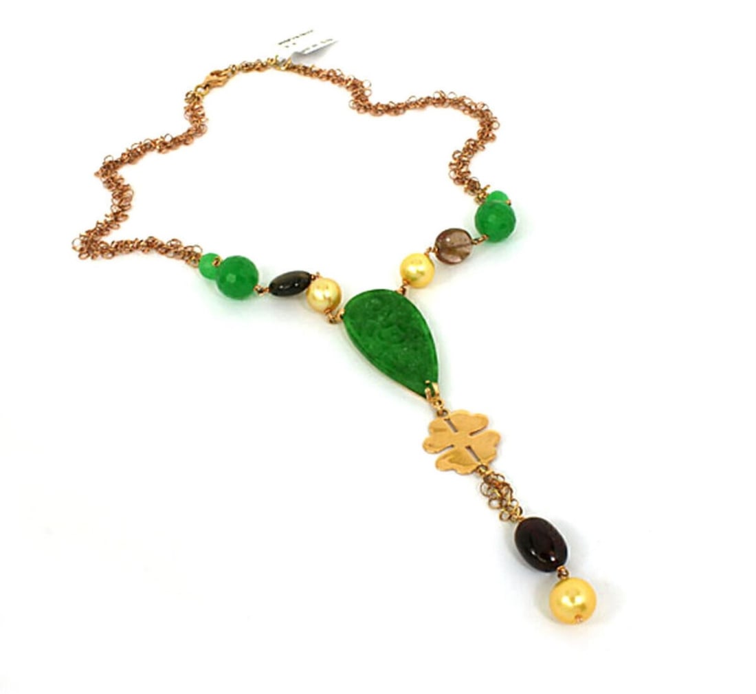 Leaderline 18k Rose Gold Necklace with Jade Pearl Quartz Amethyst Pendant: Leaderline 18k Rose Gold Necklace with Jade Pearl Quartz Amethyst Pendant This pre-owned Leaderline necklace is crafted in 18k rose gold and features a sculptural pendant accented with jade, smoky qua