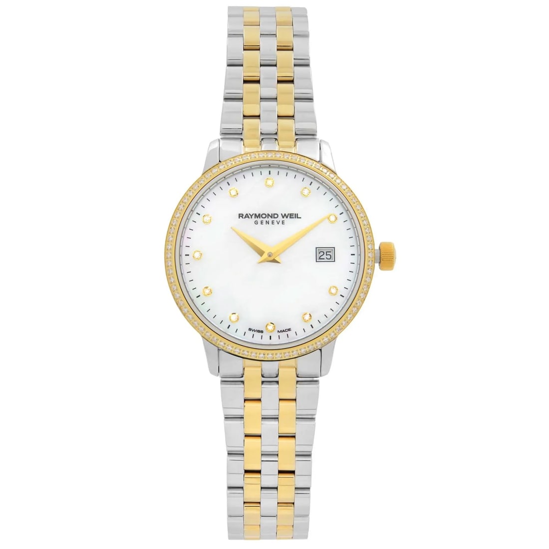 Raymond Weil Toccata Two-Tone Diamond MOP Dial Quartz Watch 5988-SPS-97081: Raymond Weil Toccata Two-Tone Diamond MOP Dial Quartz Watch 5988-SPS-97081 The Raymond Weil Toccata is a stunning two-tone wristwatch that combines elegance with functionality. This dress/formal watch