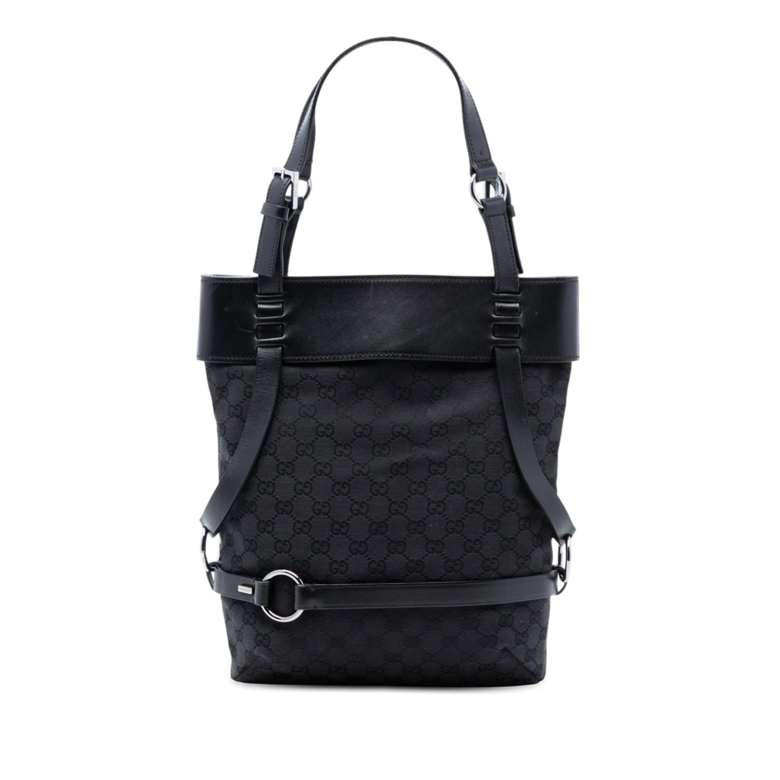 Gucci Black GG Canvas Tote Bag with Leather Trim: Gucci Black GG Canvas Tote Bag with Leather Trim This Gucci GG Canvas Tote features a canvas exterior with leather trim and sturdy flat leather handles. The open top design allows for easy access, whi