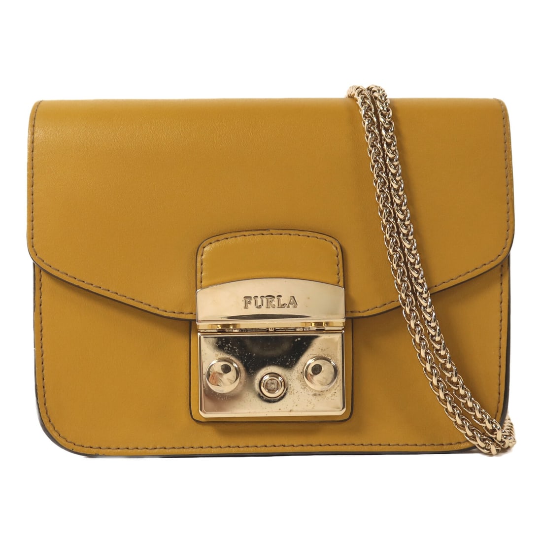 Furla yellow calfskin shoulder bag with gold tone chain: Furla yellow calfskin shoulder bag with gold tone chain A Furla women's shoulder bag in yellow calfskin (cowhide) leather with gold-tone chain details. It features a flap closure, an interior open poc