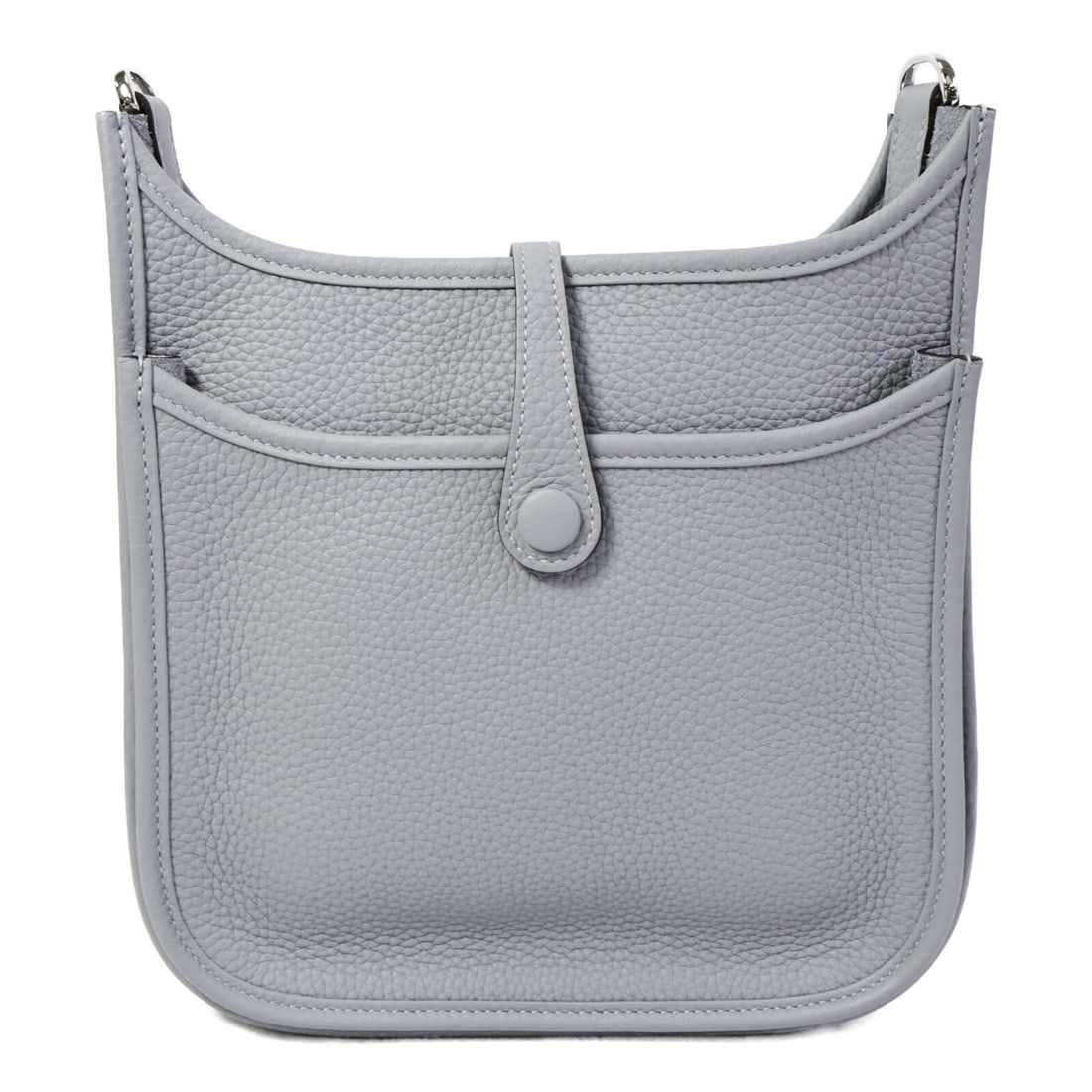 Hermes Evelyne 23 Clemence Leather Shoulder Bag PHW Gris Pantin: Hermes Evelyne 23 Clemence Leather Shoulder Bag PHW Gris Pantin Hermes Evelyne 23 shoulder bag in Blue x Gris Pantin, made in France from Taurillon Clemence and calfskin (cowhide). It features one out