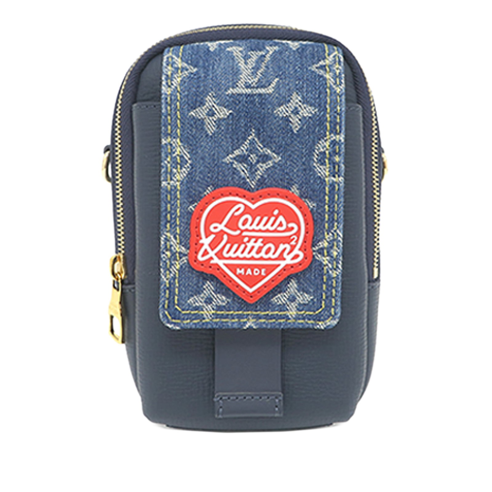 Louis Vuitton Nigo Double Phone Pouch in Monogram Denim Taurillon: Louis Vuitton Nigo Double Phone Pouch in Monogram Denim Taurillon This Louis Vuitton Nigo Monogram Denim and Taurillon Double Phone Pouch is crafted with a monogram denim and taurillon leather body. I