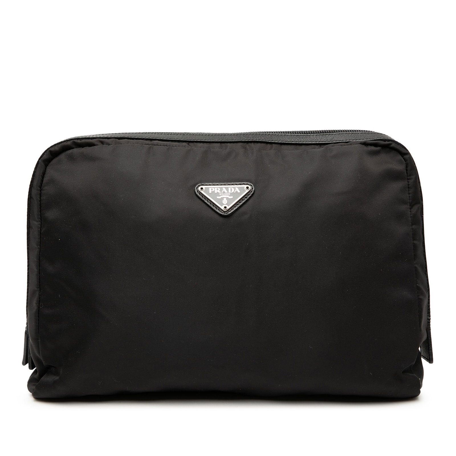 Black Prada Tessuto Nylon Makeup Bag with Saffiano Leather Trim: Black Prada Tessuto Nylon Makeup Bag with Saffiano Leather Trim This Prada Tessuto Cosmetic Pouch showcases a durable nylon body complemented by saffiano leather trim and a secure top zip closure. The