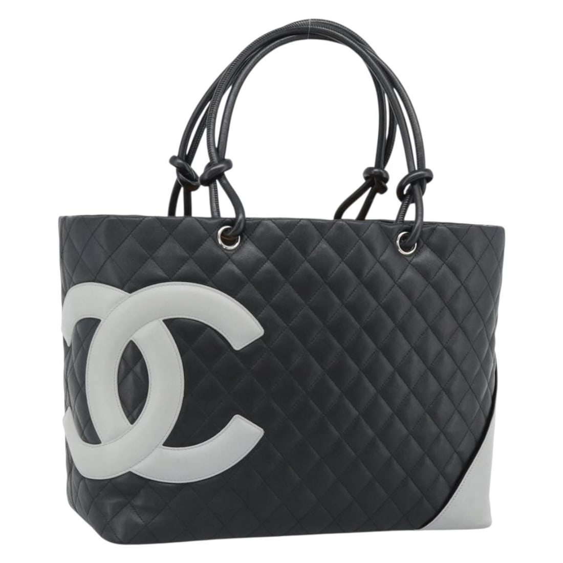 CHANEL Cambon Line Leather Tote Bag Black Silver CC with Guarantee Card: CHANEL Cambon Line Leather Tote Bag Black Silver CC with Guarantee Card A CHANEL Cambon Line Matelasse tote bag in black leather with silver-tone CC detailing. This bag is made in Italy and comes with