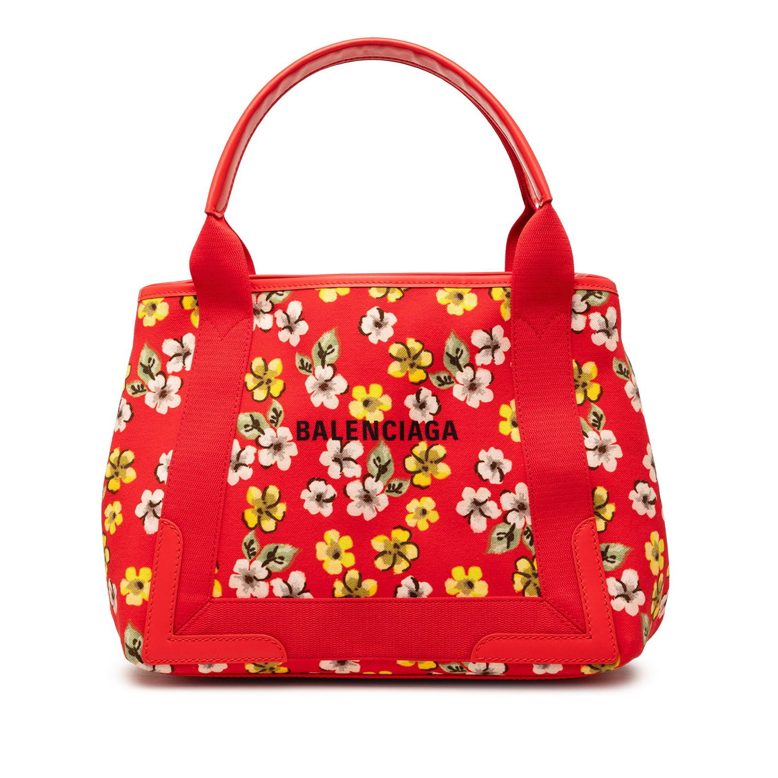 Balenciaga floral print canvas Cabas S tote with pouch: Balenciaga floral print canvas Cabas S tote with pouch This Balenciaga Canvas Floral Print Navy Cabas S bag features a vibrant printed canvas body complemented by flat leather handles. It has an open 