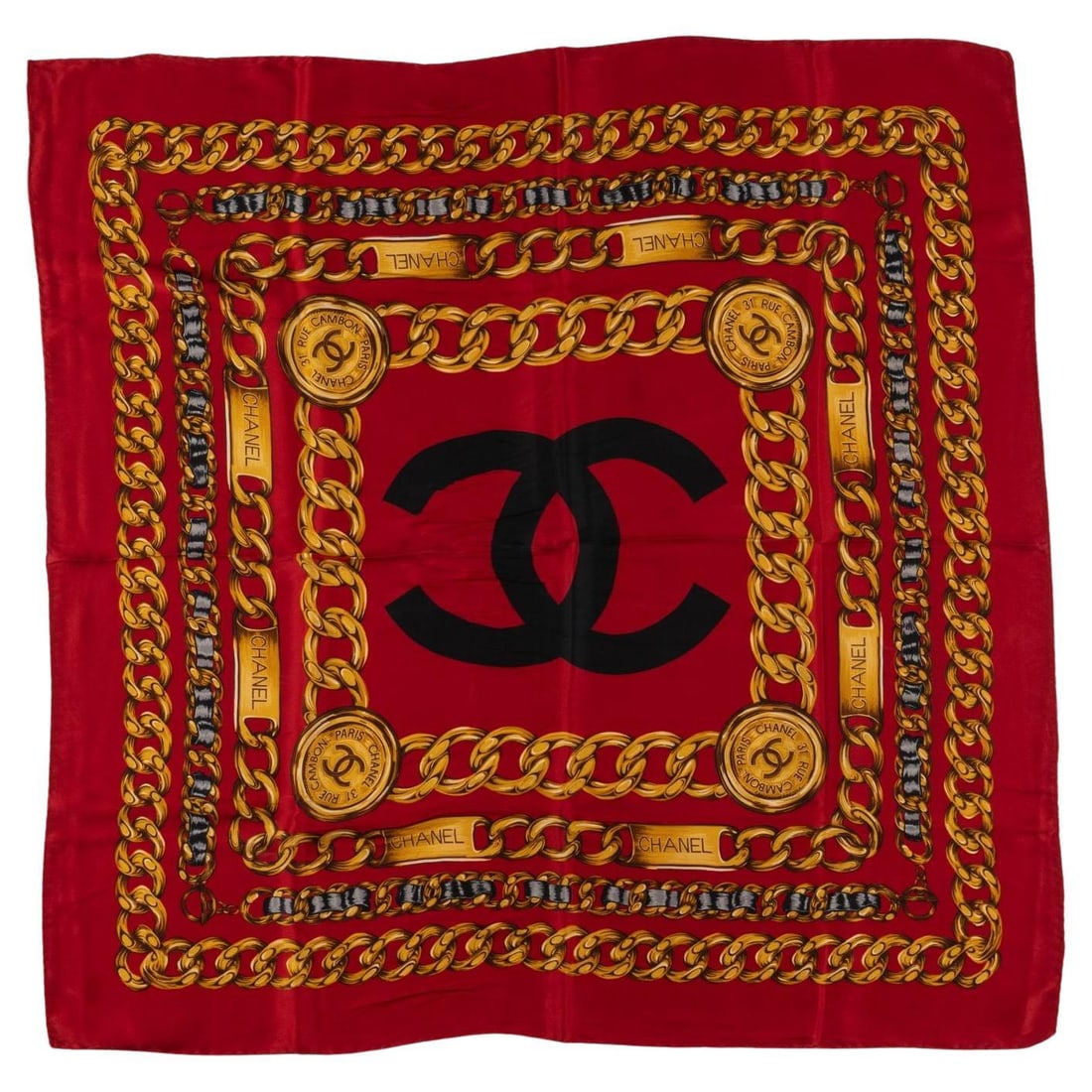 Chanel 31 Rue Chambon Red Chain Pattern Scarf: Chanel 31 Rue Chambon Red Chain Pattern Scarf Vintage Chanel 31 Rue Chambon red scarf featuring a chain pattern and black CC logo. A versatile accessory with an excellent vintage condition. Specificat