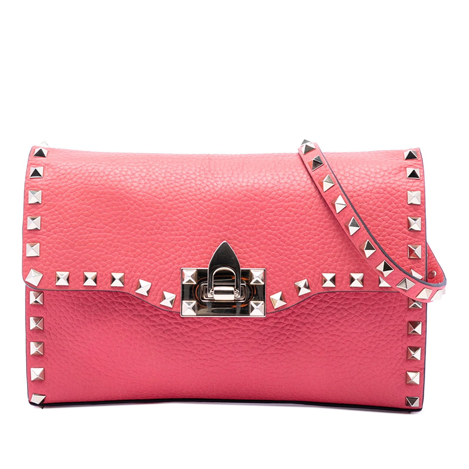 Valentino Rockstud Small Flap Crossbody Bag Pink Leather: Valentino Rockstud Small Flap Crossbody Bag Pink Leather Valentino Small Leather Rockstud Flap Crossbody in pink leather with stud detailing and a front flap with flip lock closure. The bag features a