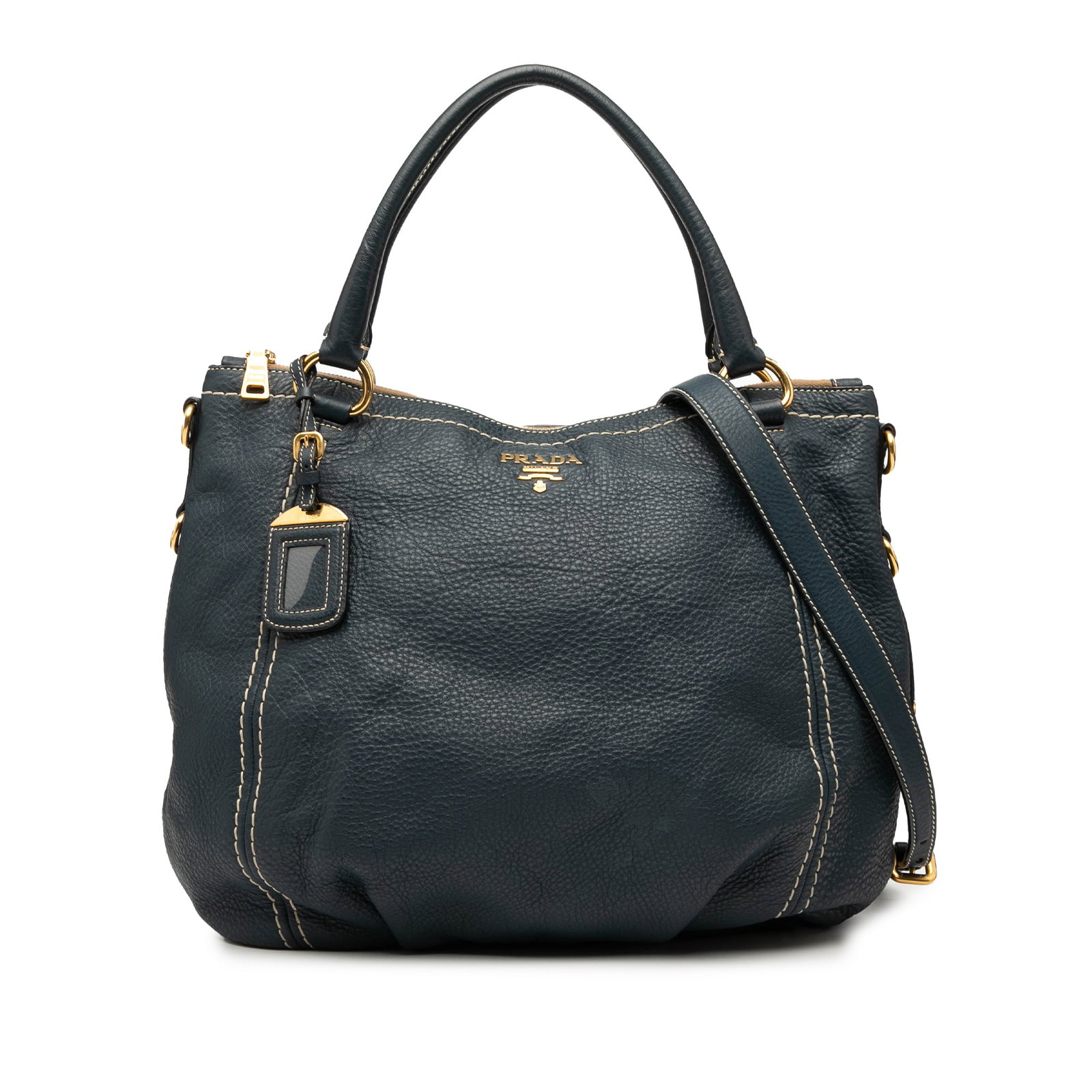 Prada Vitello Daino Blue Leather Zip Top Satchel: Prada Vitello Daino Blue Leather Zip Top Satchel Introducing the Prada Vitello Daino Zip Top Satchel, a stylish and functional accessory crafted from high-quality leather. This satchel features a luxu