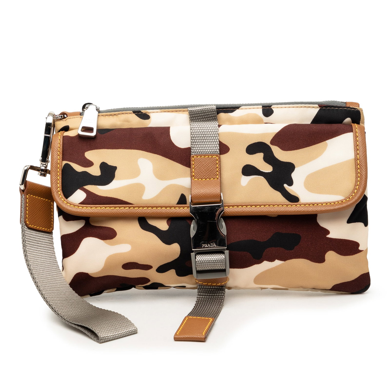 Prada Tessuto Camouflage Nylon Wristlet Clutch Bag: Prada Tessuto Camouflage Nylon Wristlet Clutch Bag Prada Tessuto Camouflage Clutch in beige fabric with a printed nylon body and a flat canvas wrist strap. It features a top zip closure and an exterio