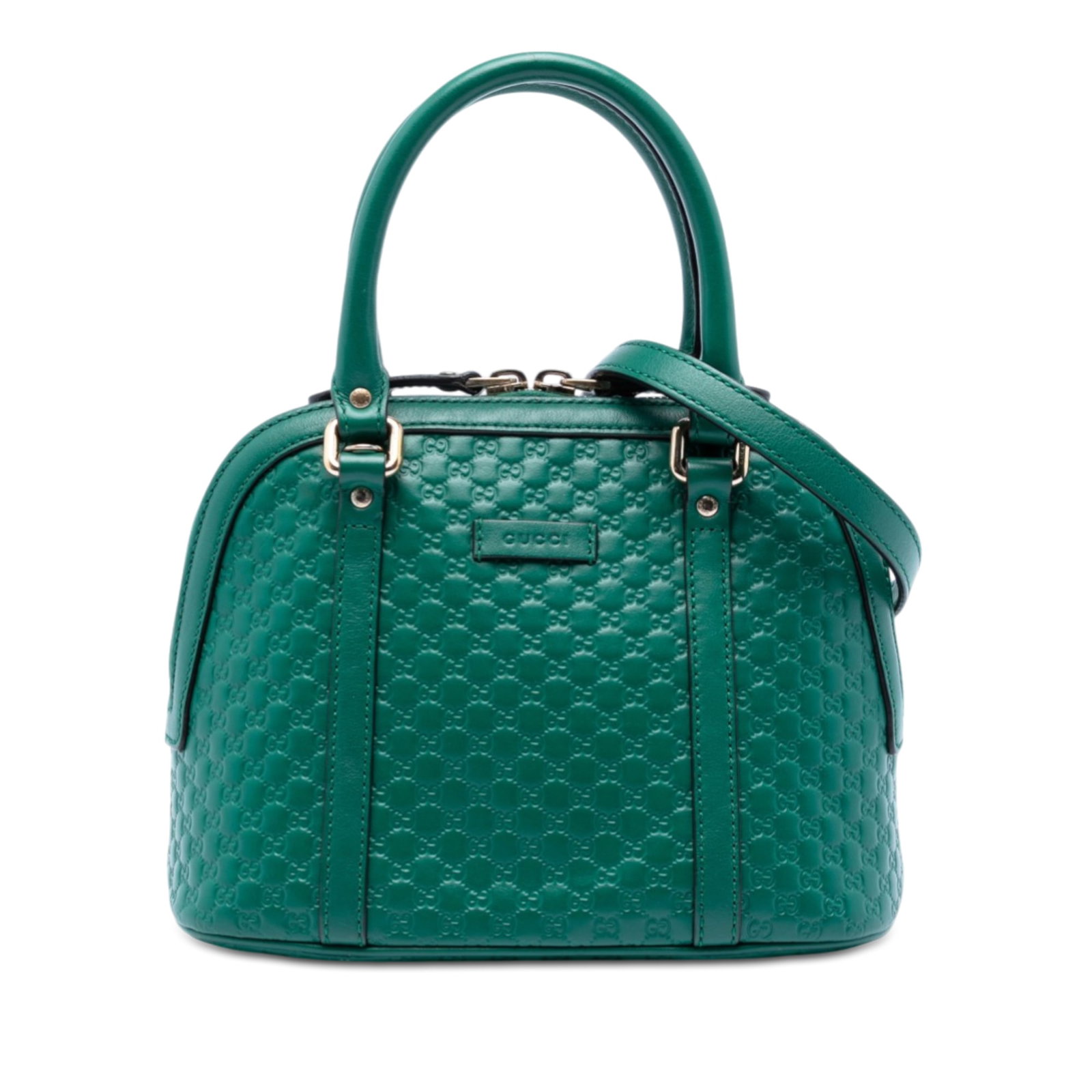 Green Leather Mini Microguccissima Dome Satchel Bag by Gucci: Green Leather Mini Microguccissima Dome Satchel Bag by Gucci This Gucci Mini Microguccissima Dome Satchel features a green embossed leather body with rolled leather handles, an adjustable and detachab