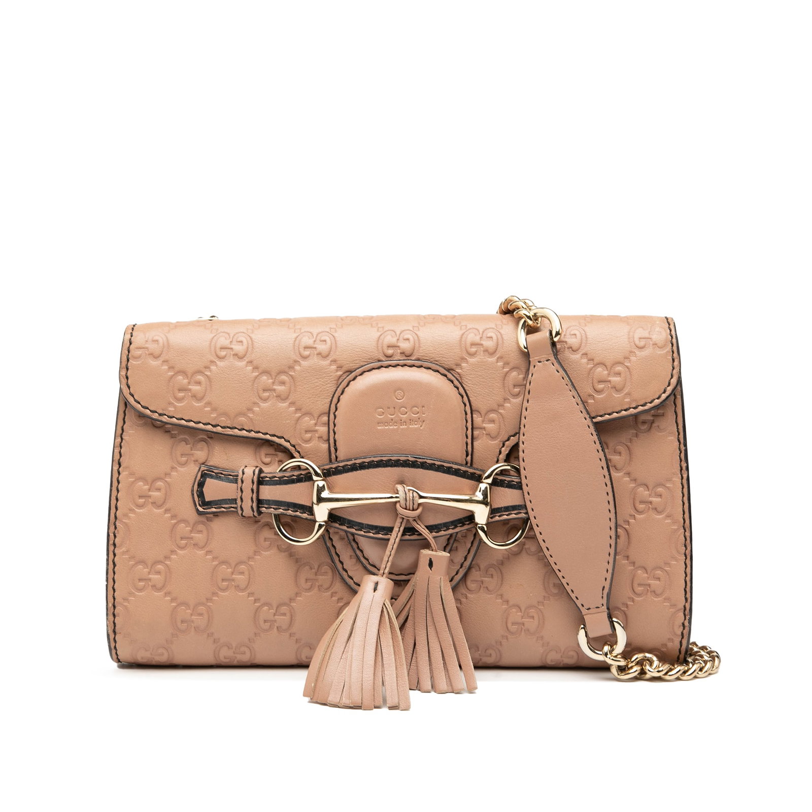 Gucci Emily Small Guccissima Leather Crossbody Bag Brown: Gucci Emily Small Guccissima Leather Crossbody Bag Brown This brown crossbody bag features embossed leather with a curb chain link shoulder strap, a front flap with a tuck closure, and tassel and hors