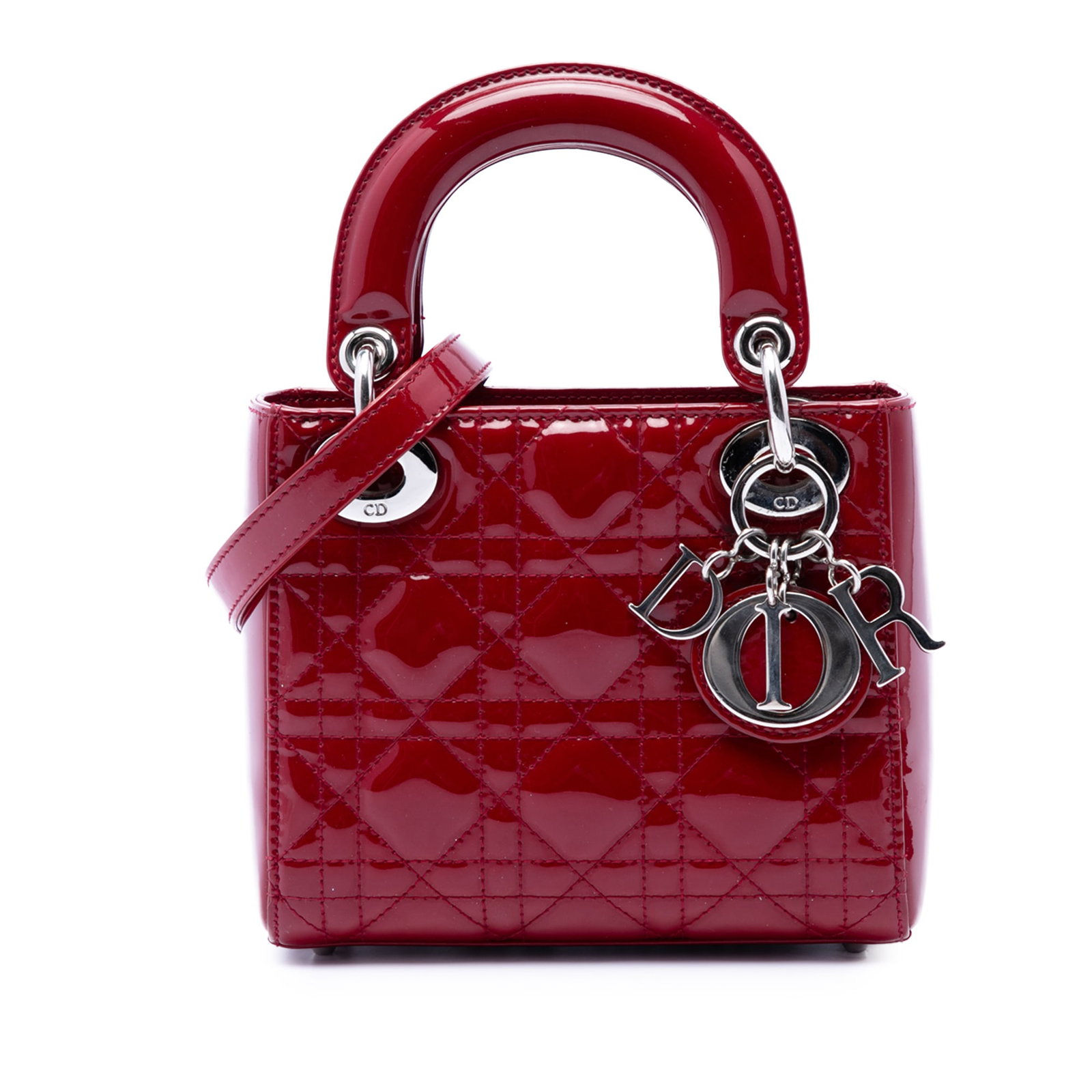 Dior Mini Patent Cannage Lady bag red leather: Dior Mini Patent Cannage Lady bag red leather This Mini Patent Cannage Lady Dior bag features a quilted patent leather exterior in red, accented by flat leather top handles and a detachable leather st
